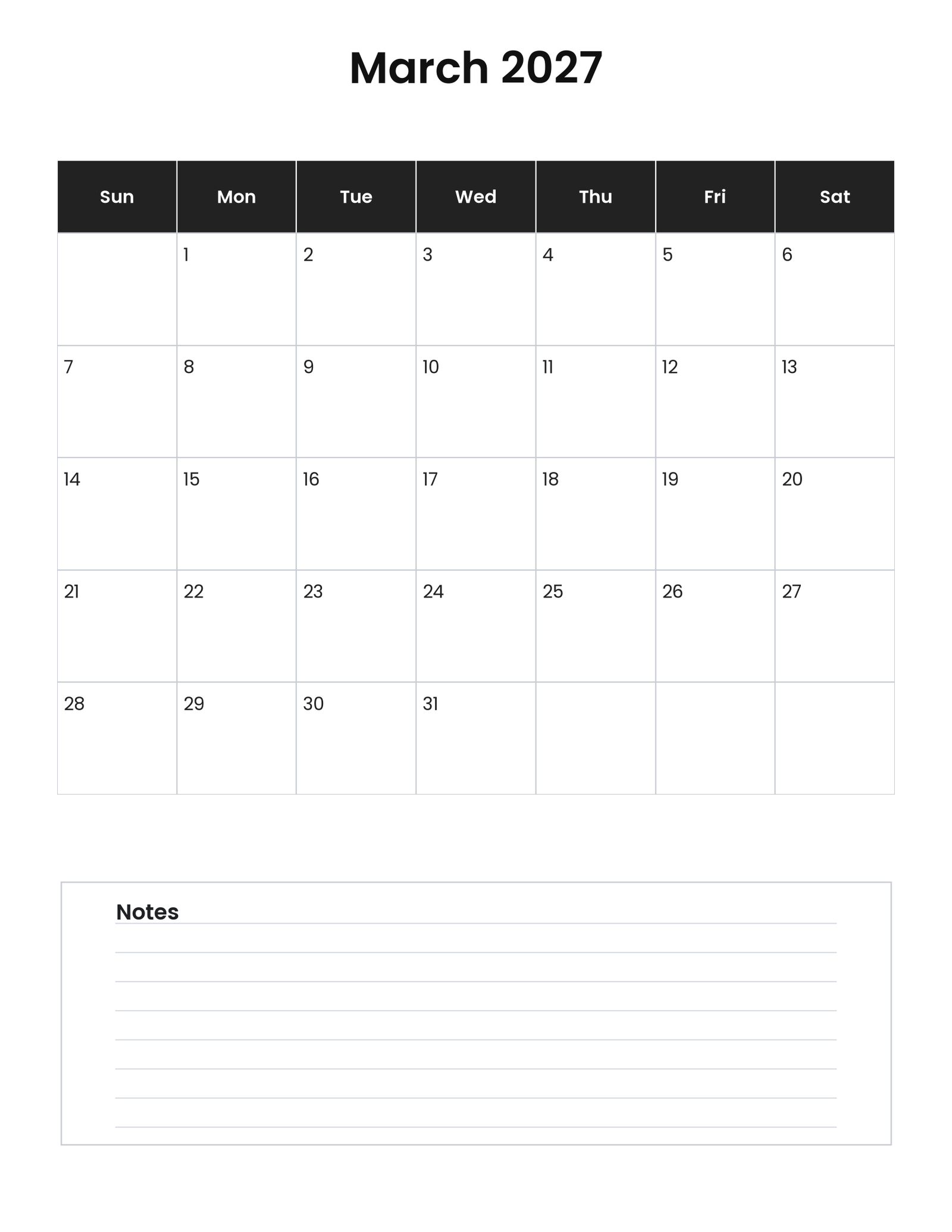 March 2027 vertical calendar with notes