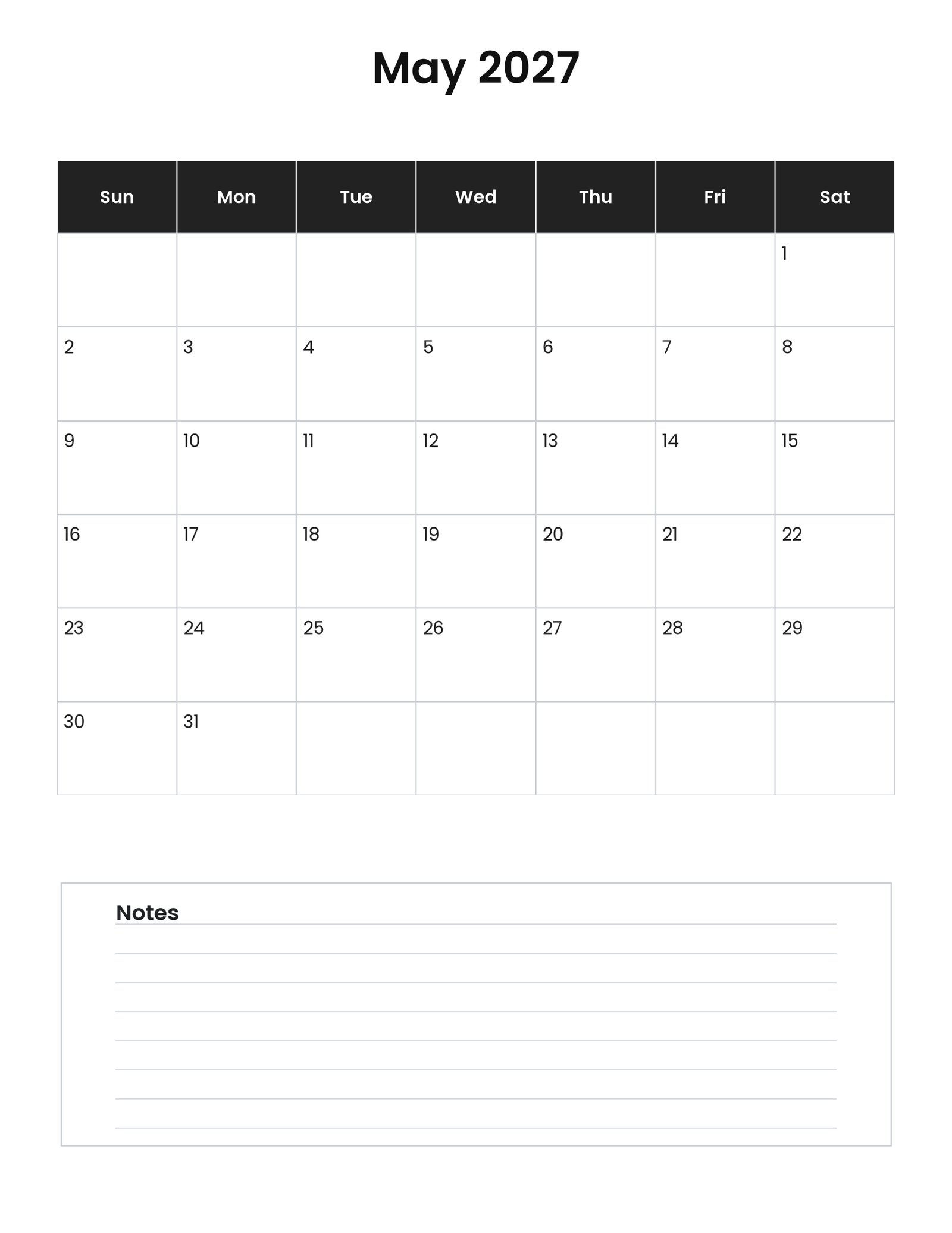May 2027 Calendar (Free Printable) 5 May 2027 vertical calendar with notes