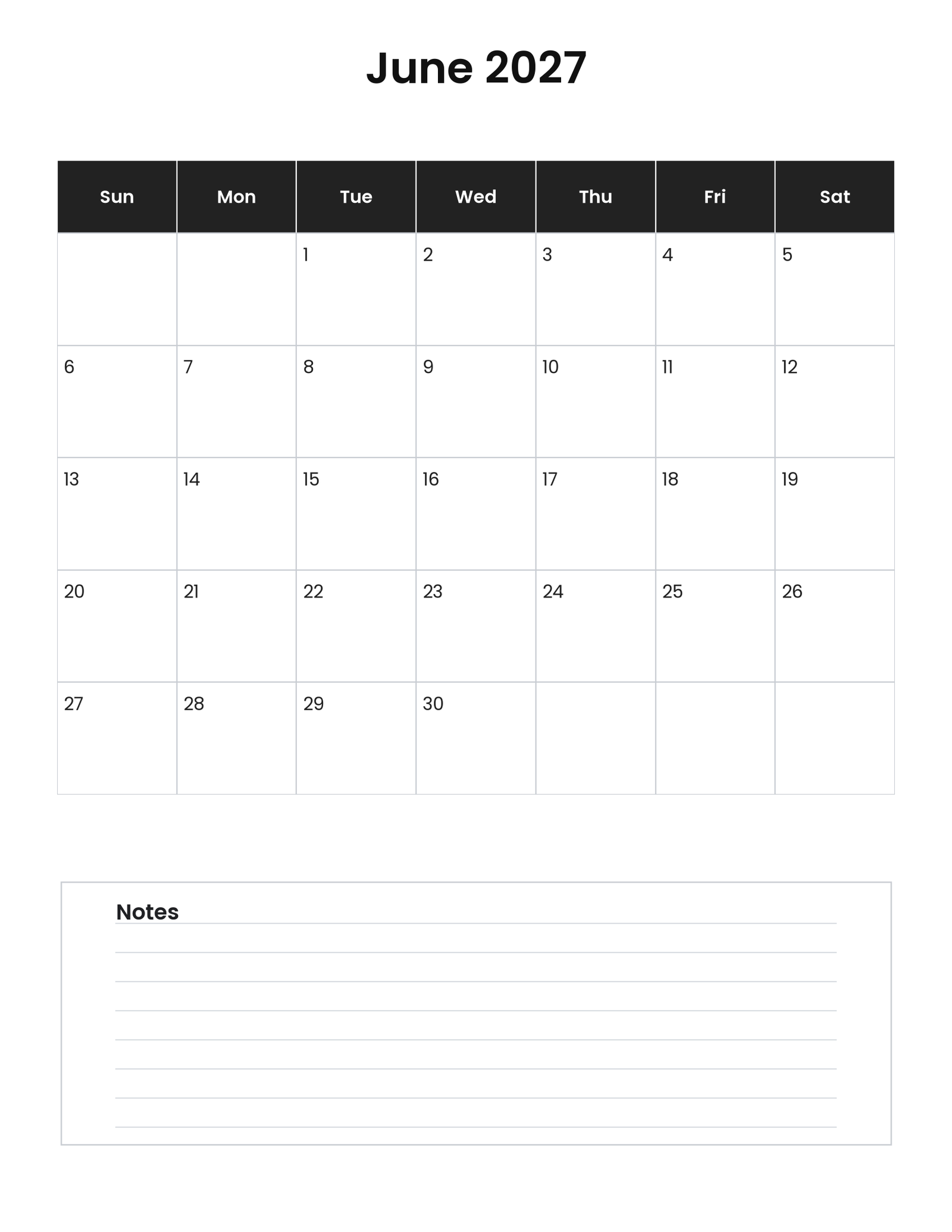 June 2027 vertical calendar with notes