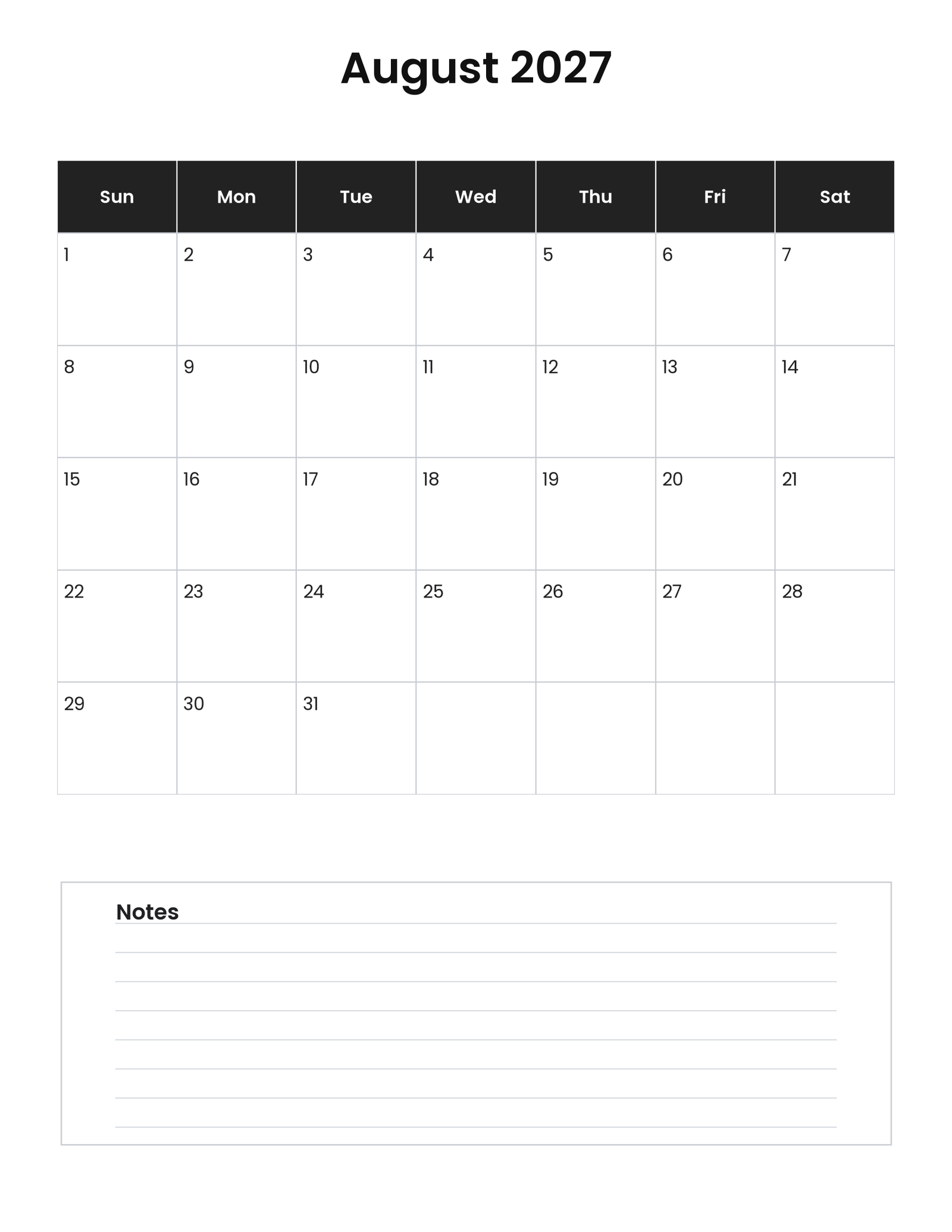 August 2027 Calendar (Free Printable) 5 August 2027 vertical calendar with notes