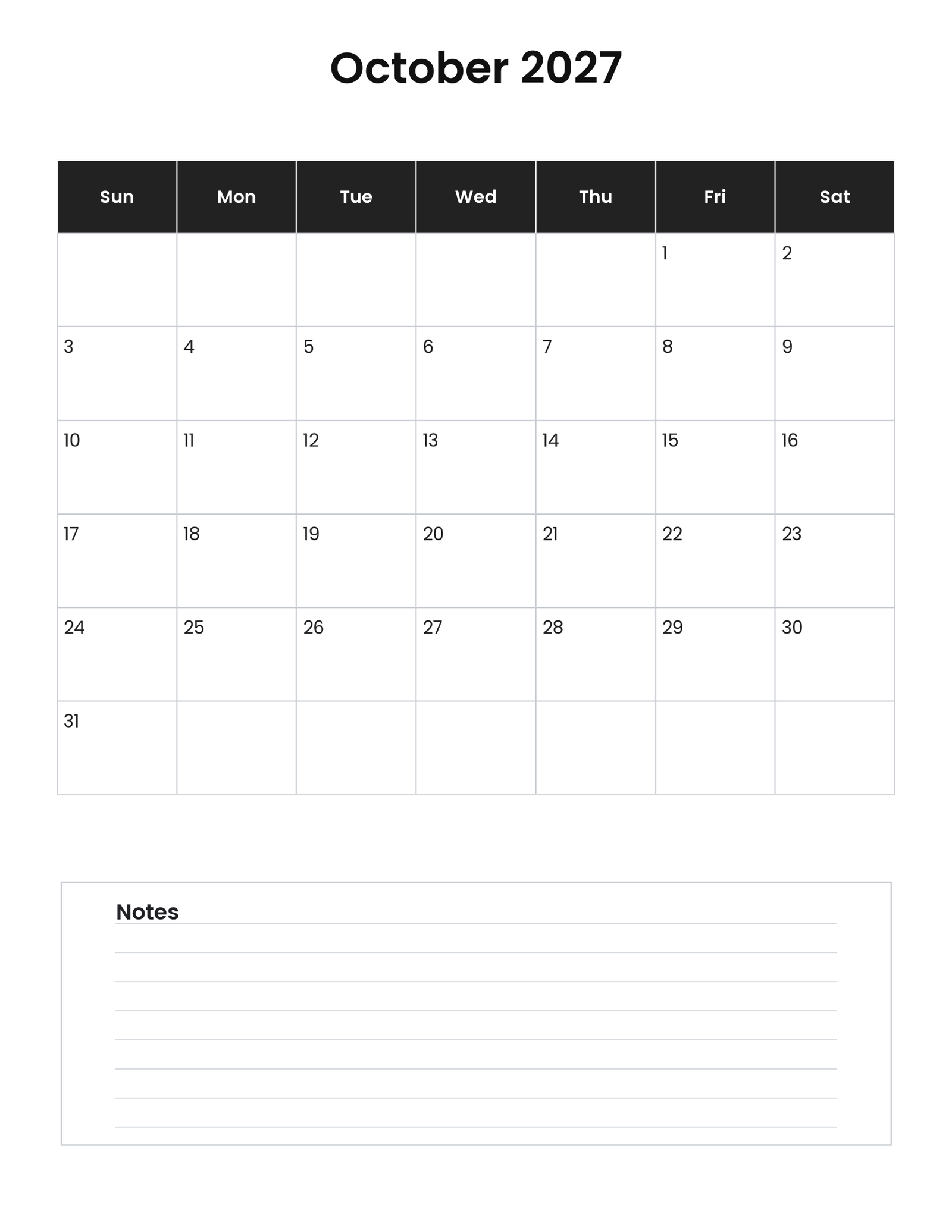 October 2027 vertical calendar with notes