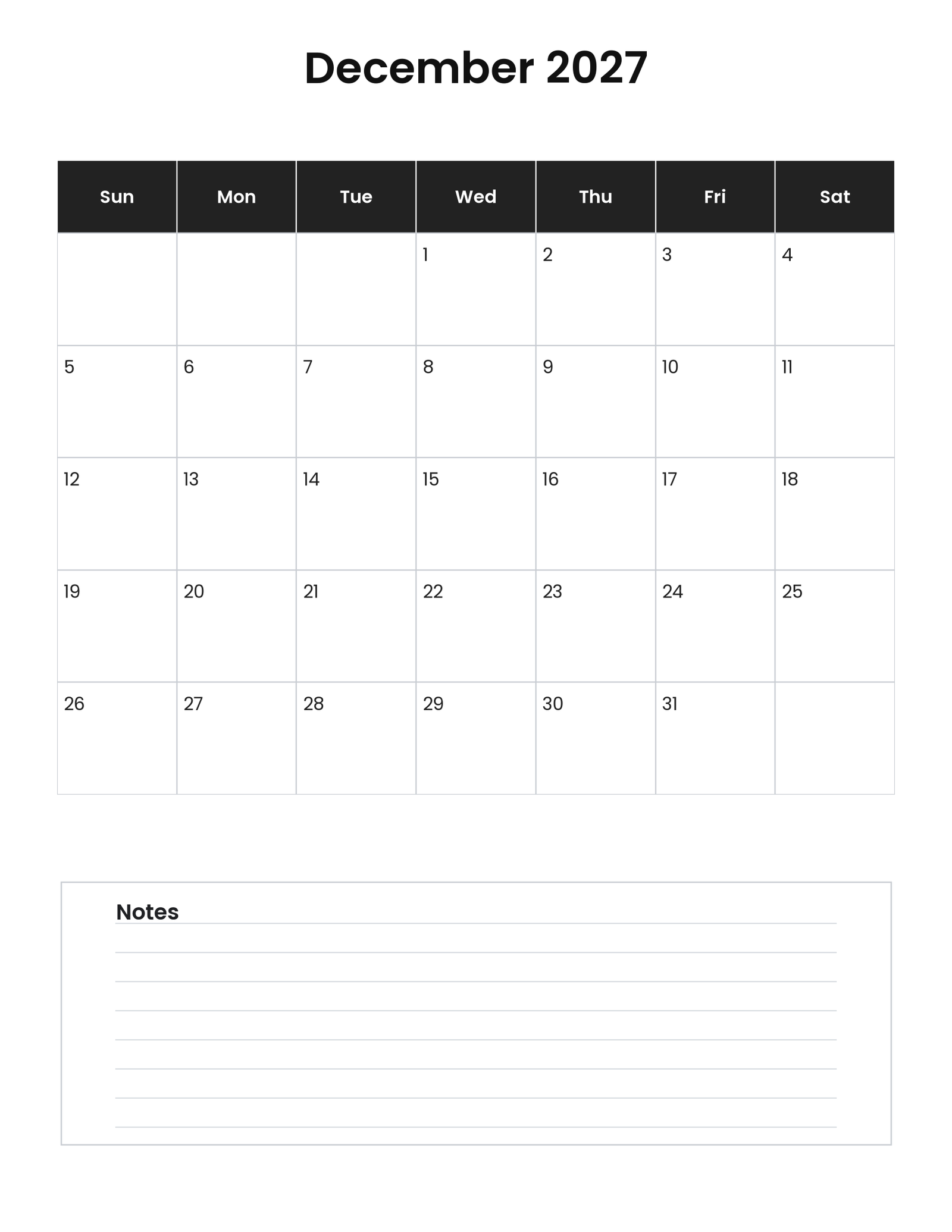 December 2027 vertical calendar with notes