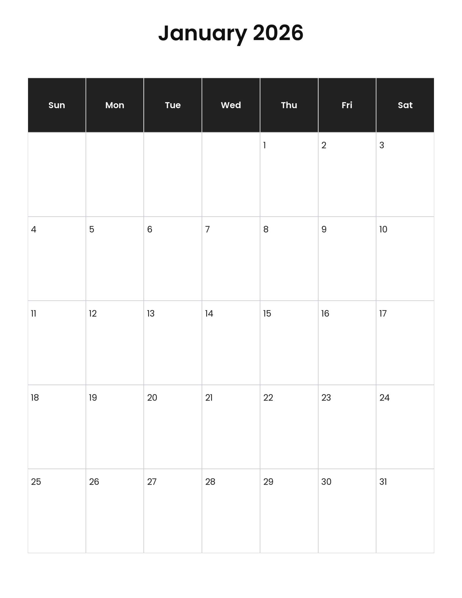 January 2026 vertical calendar