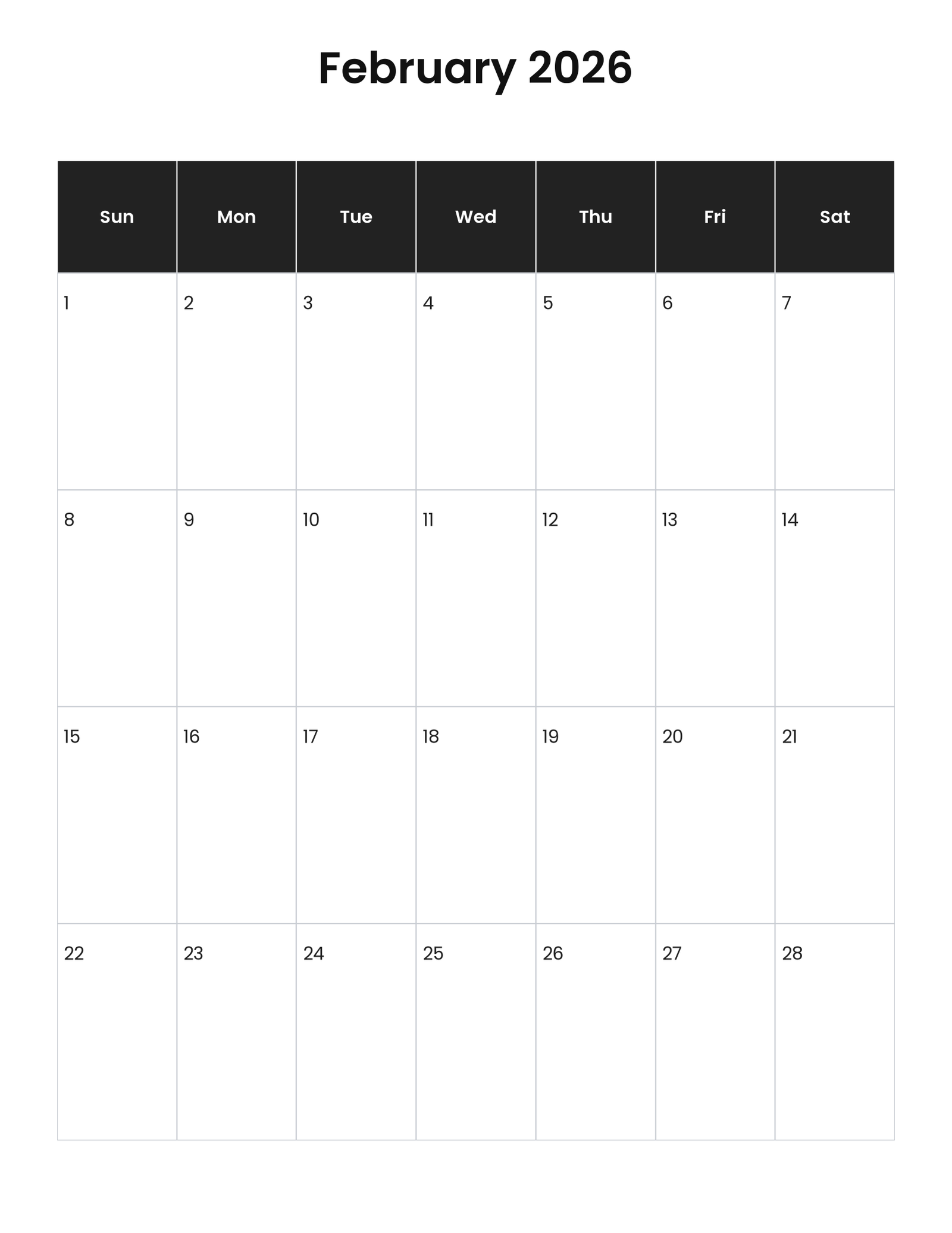 February 2026 vertical calendar