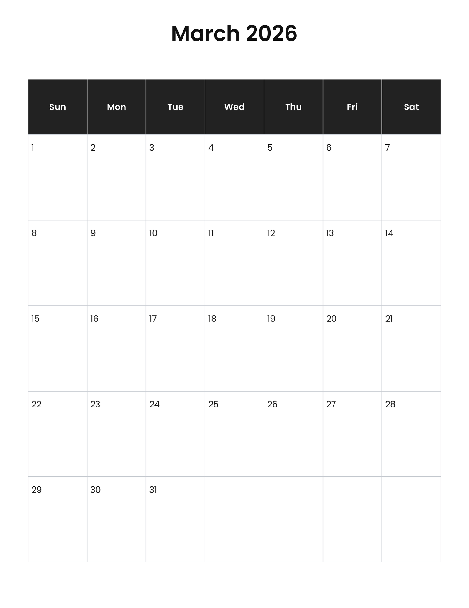 March 2026 vertical calendar