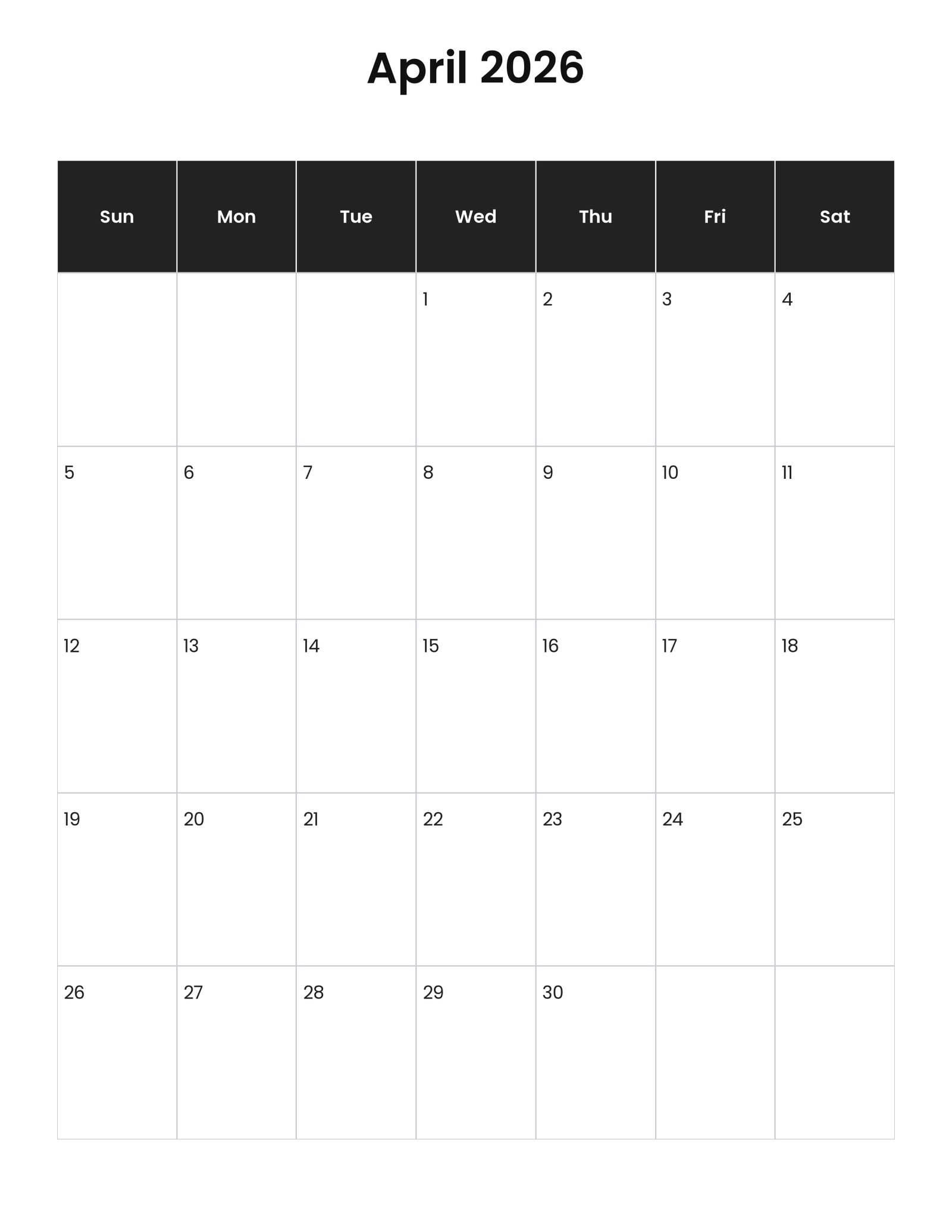 April 2026 vertical calendar