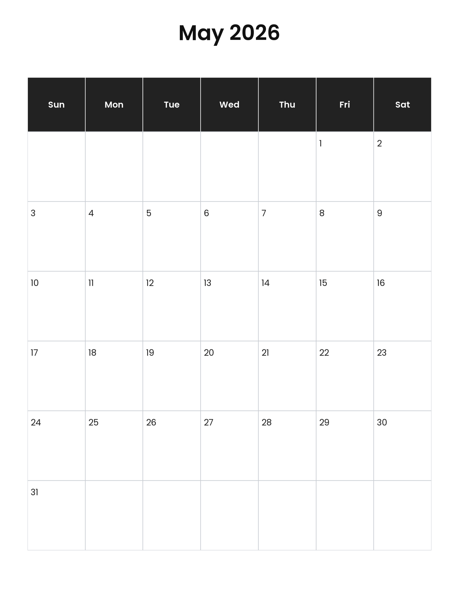 May 2026 Calendar (Free Printable) 4 May 2026 vertical calendar