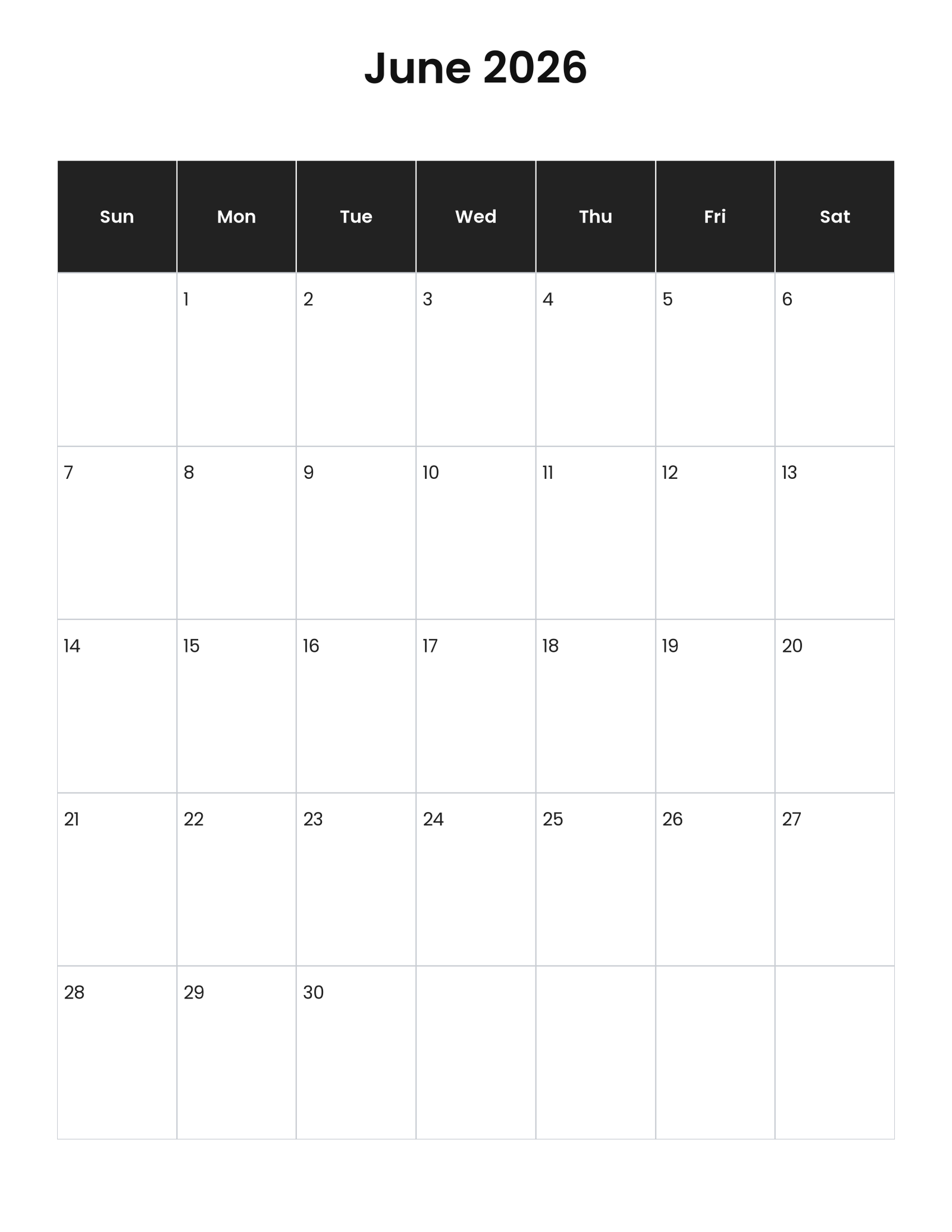 June 2026 vertical calendar