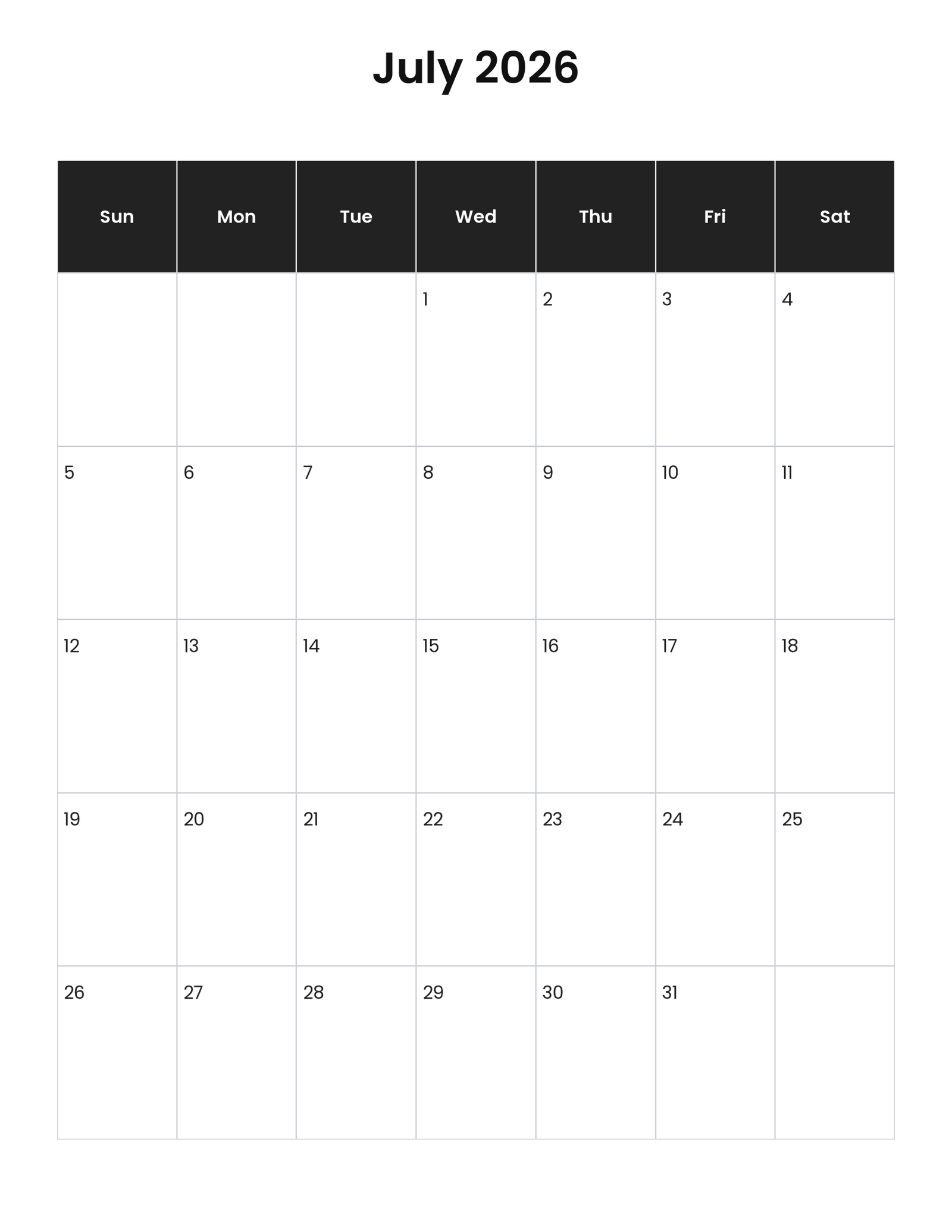July 2026 vertical calendar