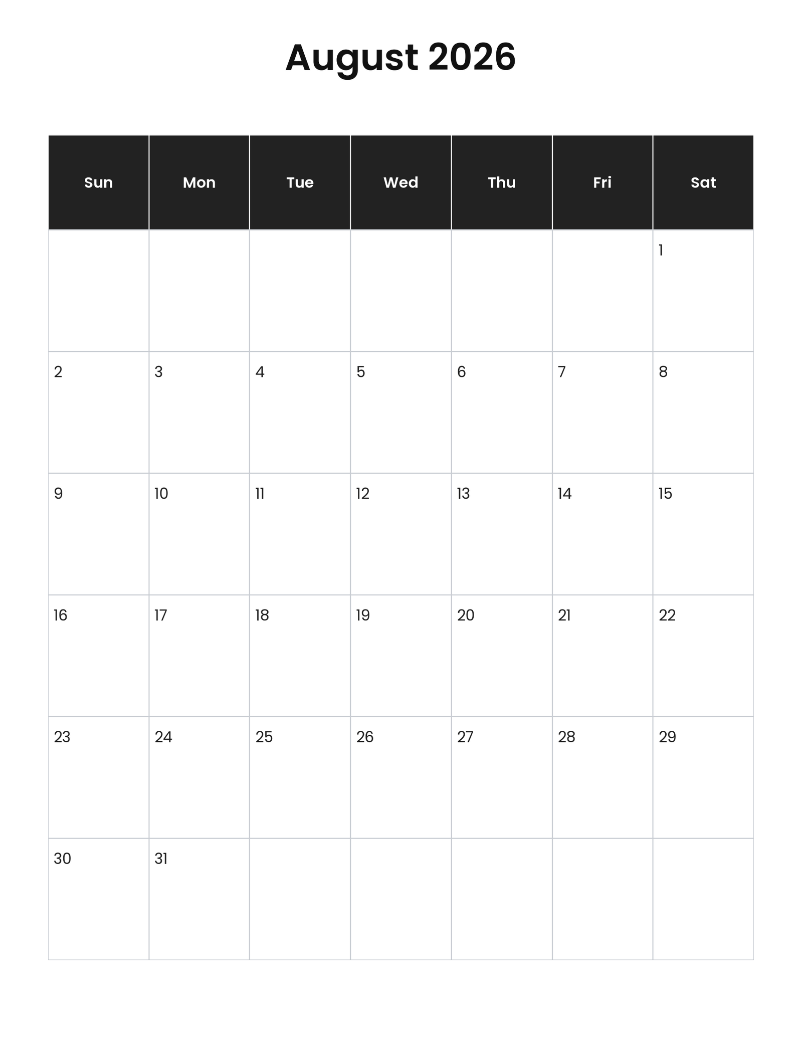 August 2026 Calendar (Free Printable) 4 August 2026 vertical calendar
