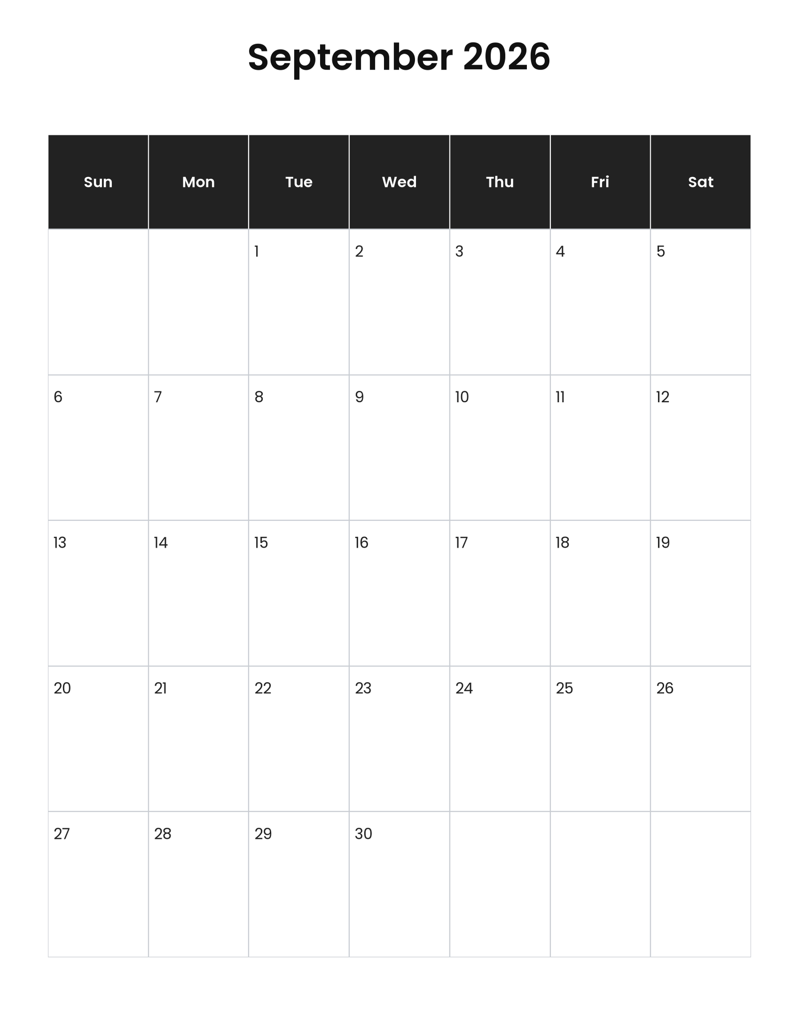 September 2026 vertical calendar