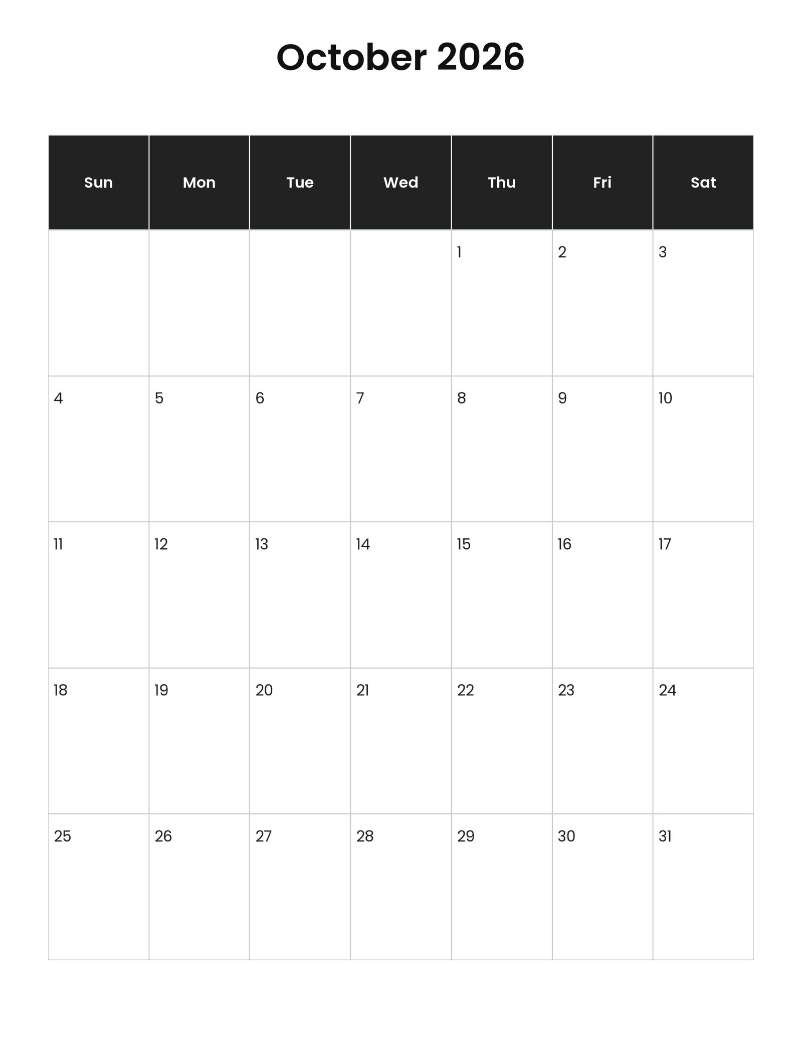 October 2026 vertical calendar