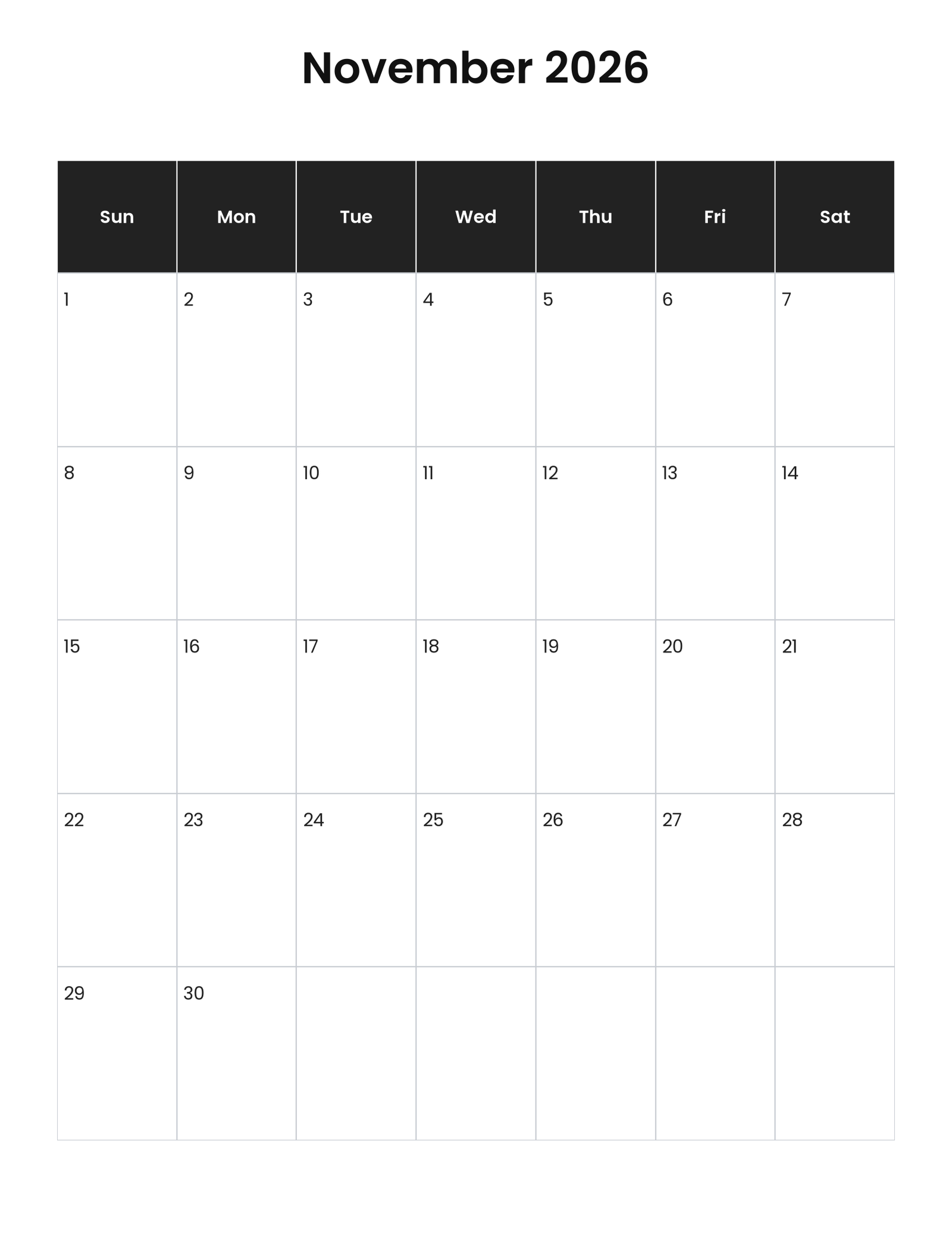 November 2026 vertical calendar