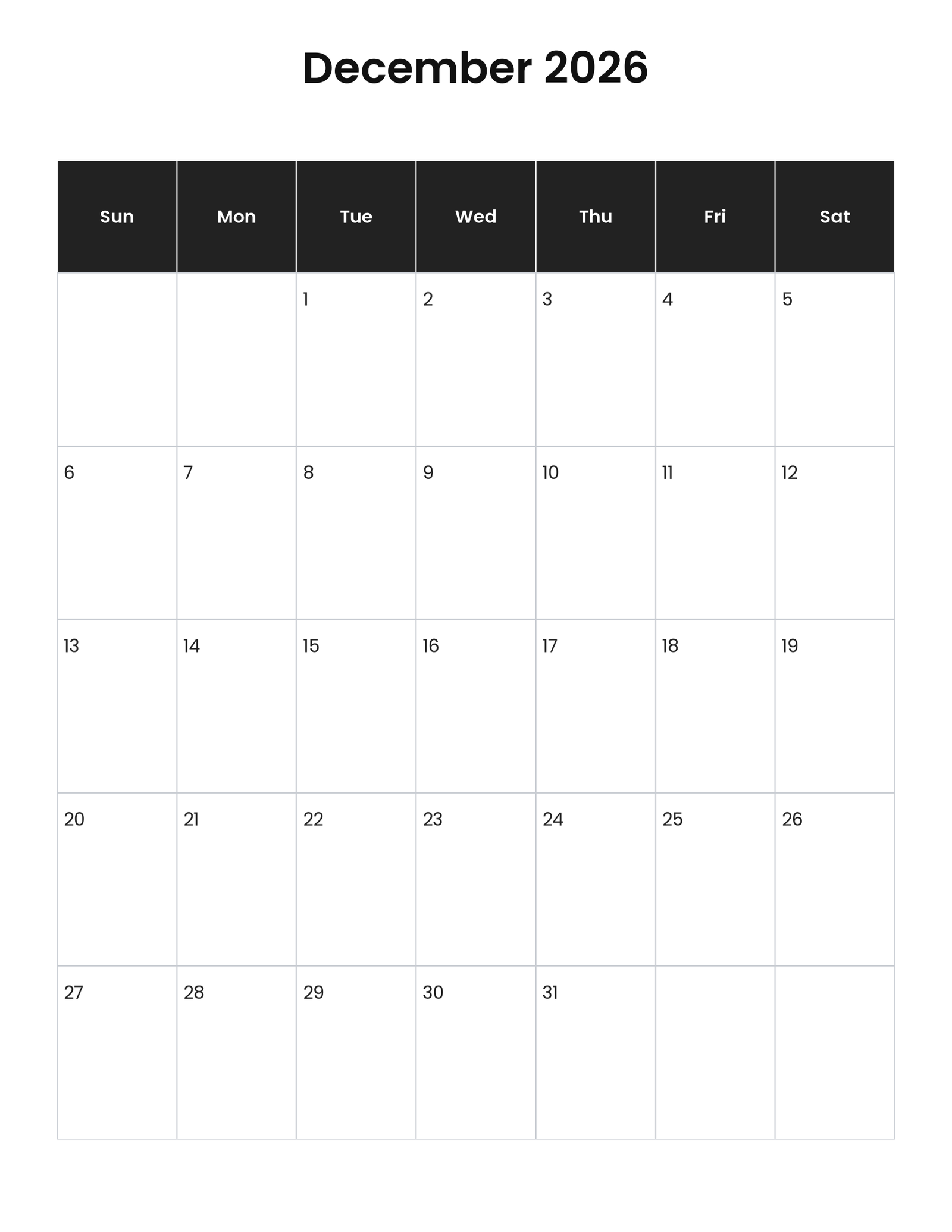 December 2026 vertical calendar