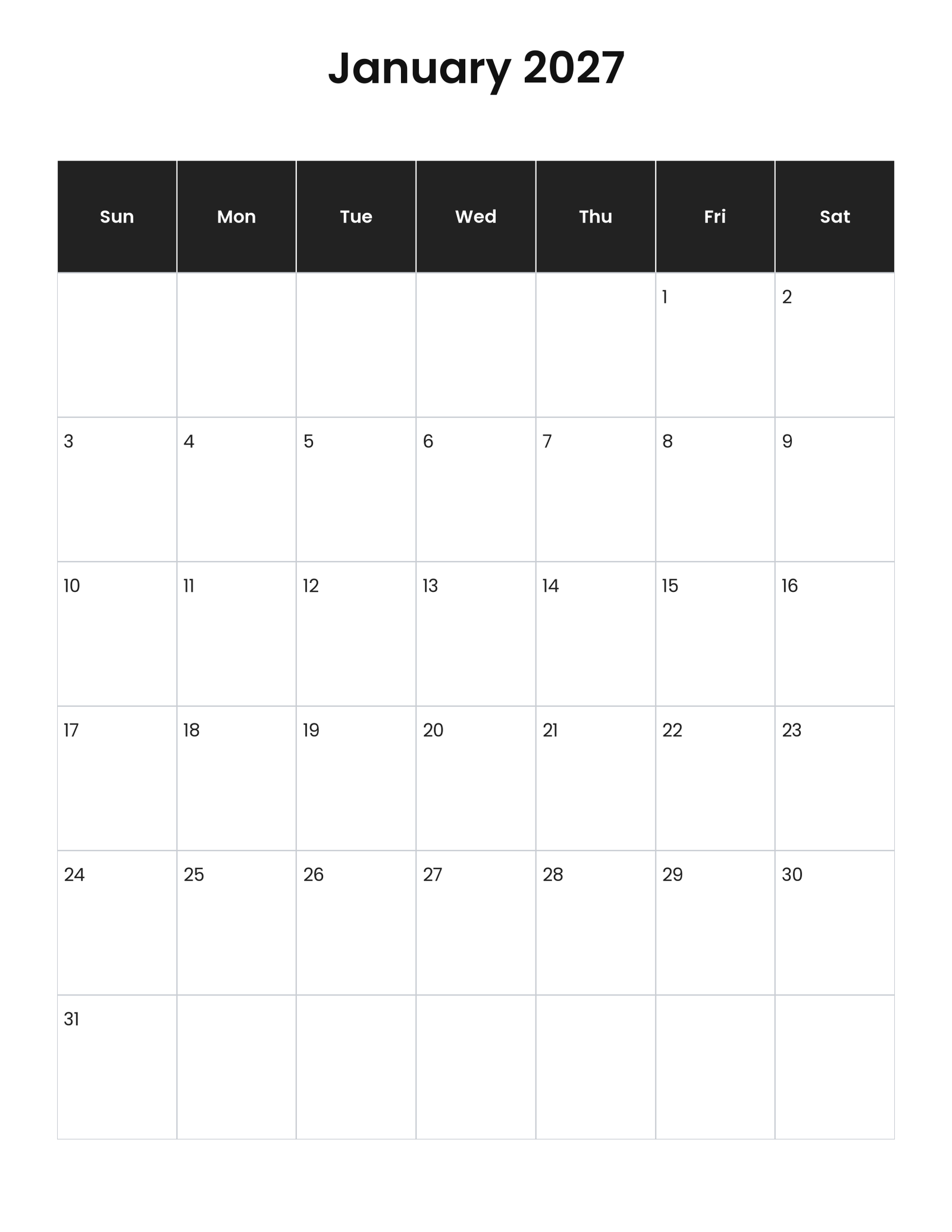 January 2027 vertical calendar
