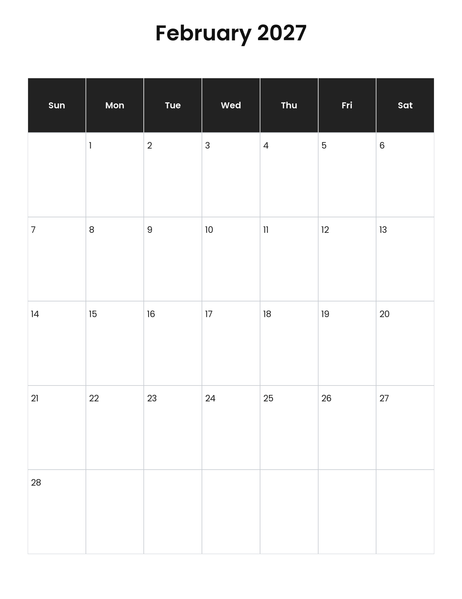 February 2027 vertical calendar