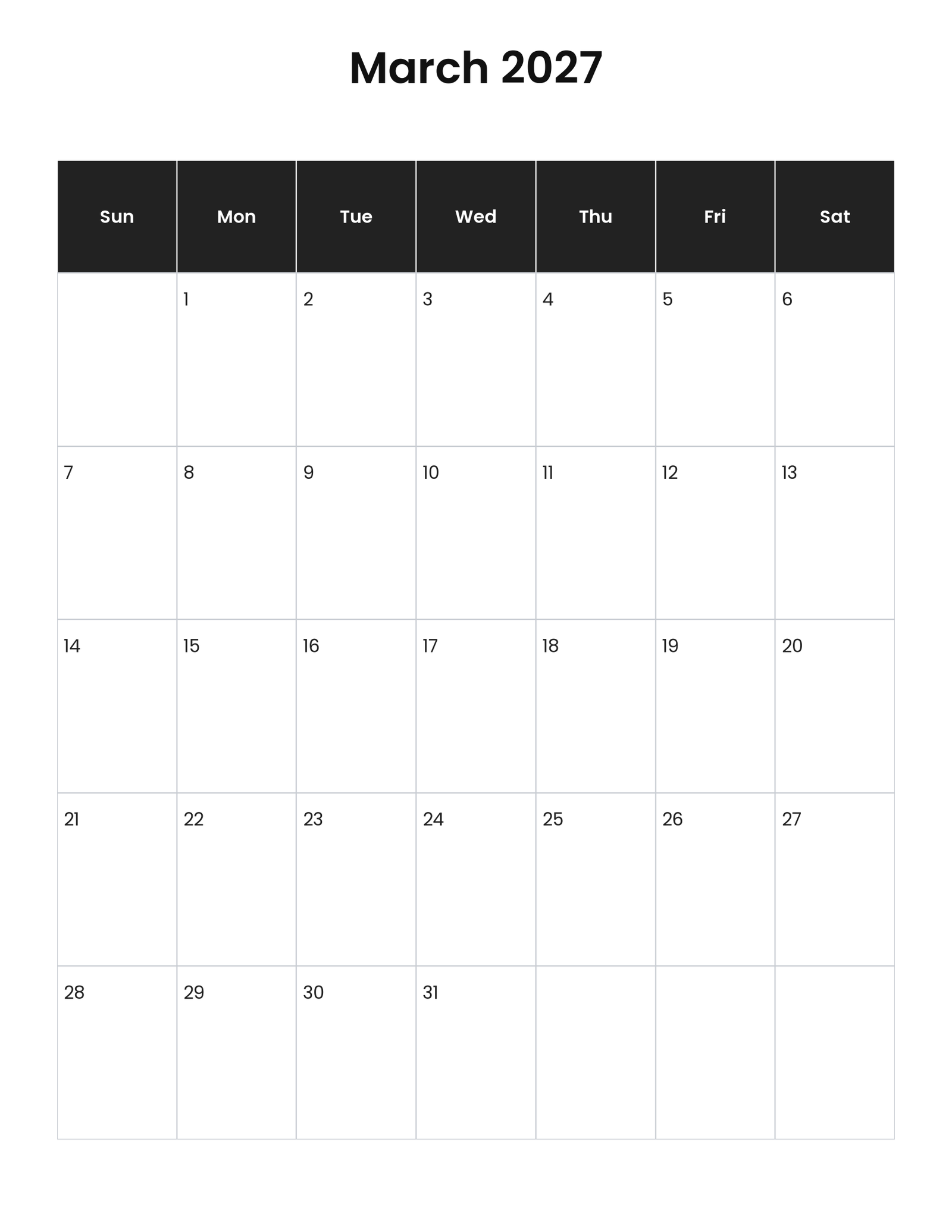 March 2027 vertical calendar