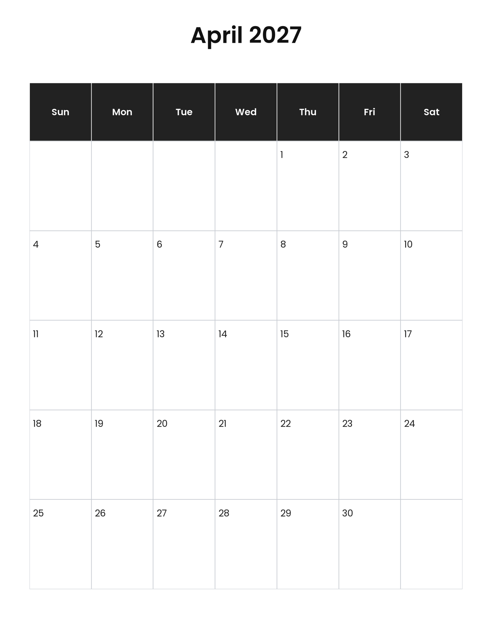 April 2027 vertical calendar