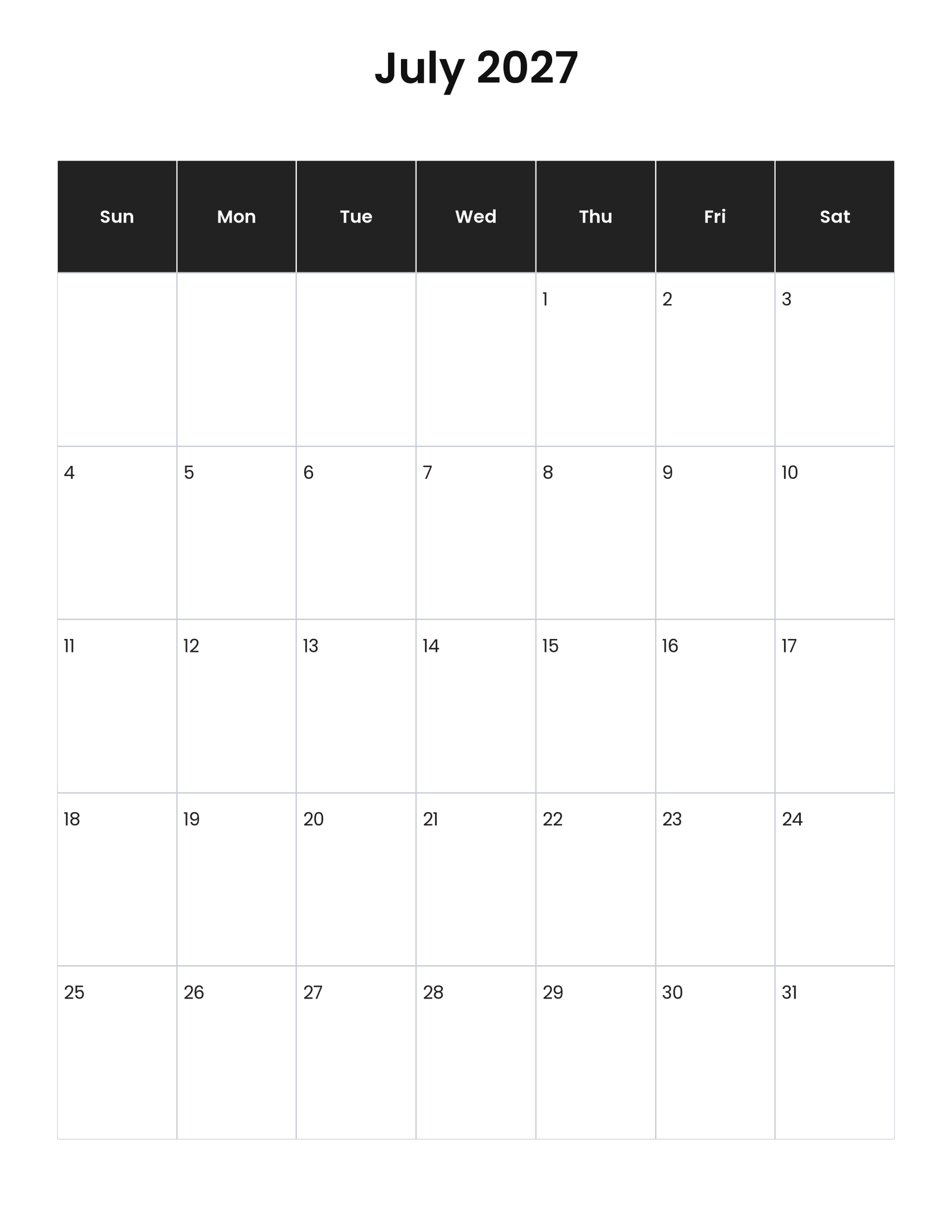 July 2027 vertical calendar