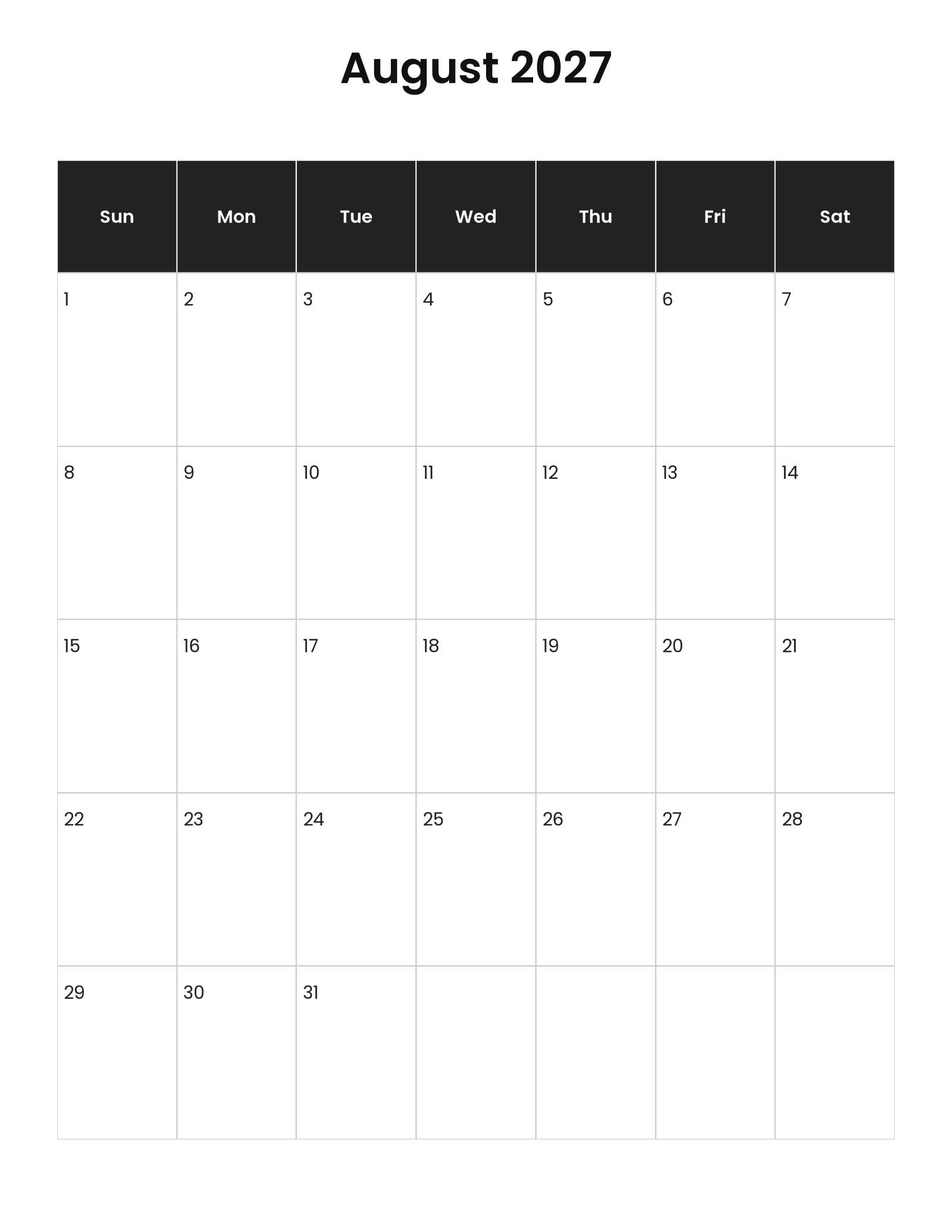 August 2027 Calendar (Free Printable) 4 August 2027 vertical calendar