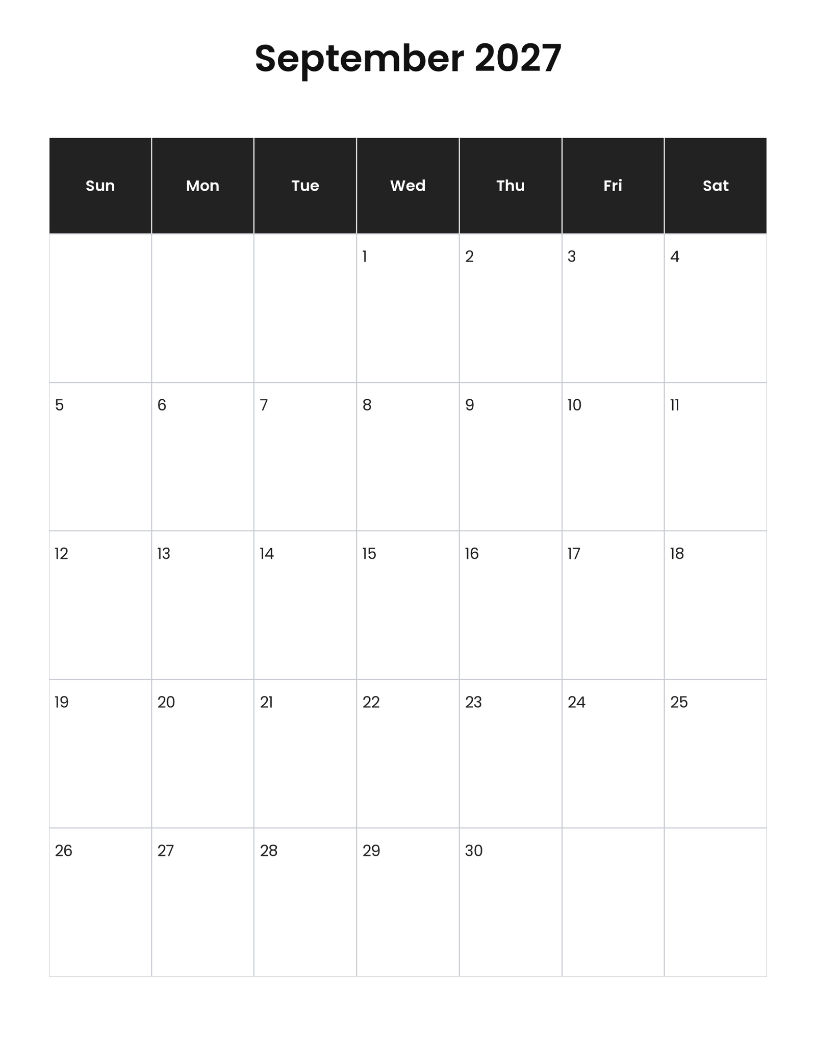 September 2027 vertical calendar