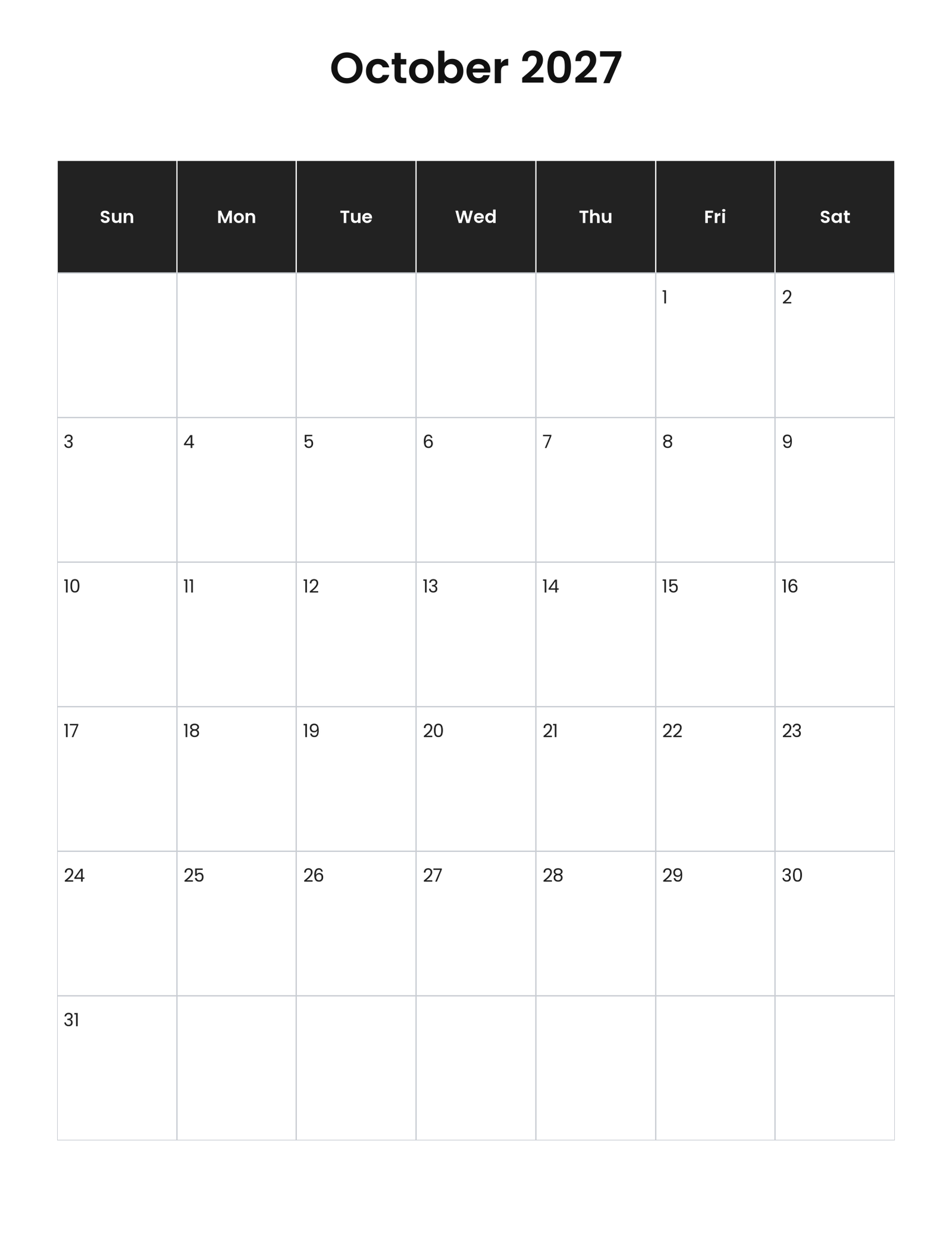 October 2027 vertical calendar