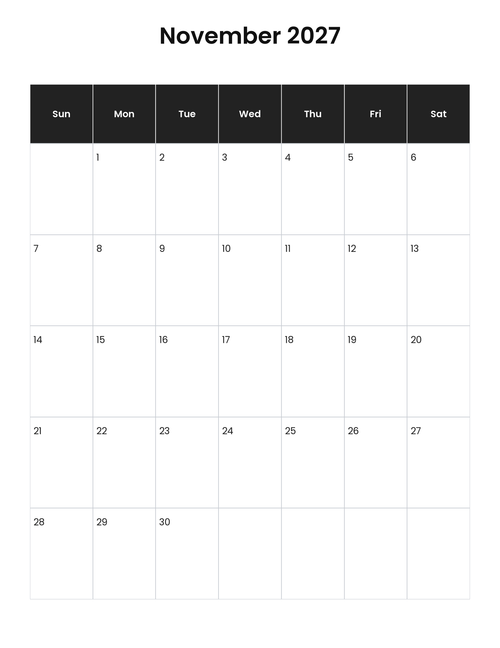 November 2027 Vertical Calendar (Printable) 1 November 2027 vertical calendar