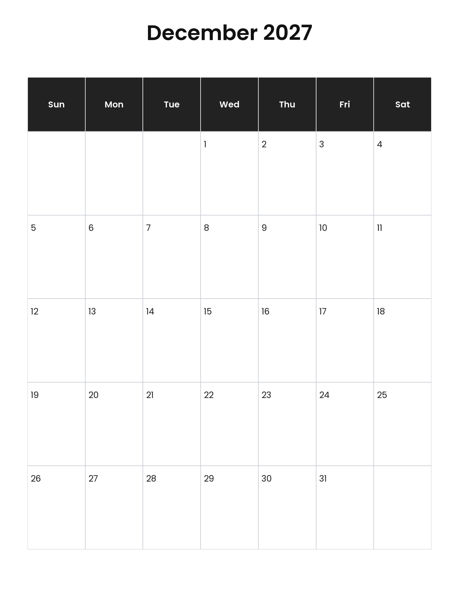 December 2027 vertical calendar