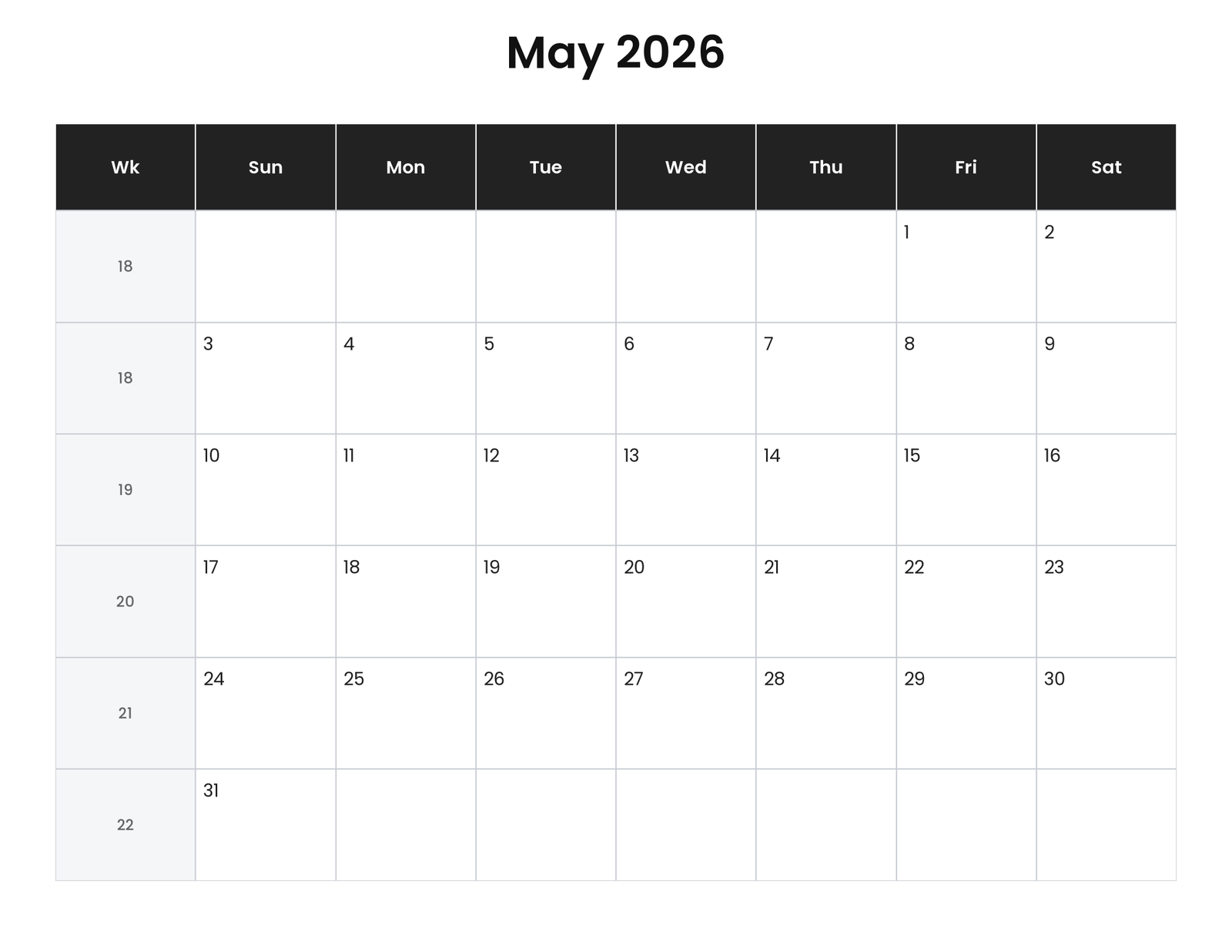 May 2026 Calendar With Week Numbers (Printable) 1 May 2026 calendar with week numbers