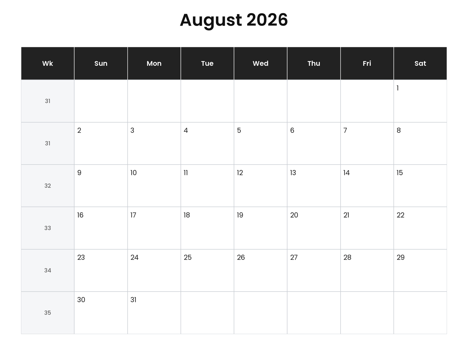 August 2026 Calendar With Week Numbers (Printable) 1 August 2026 calendar with week numbers