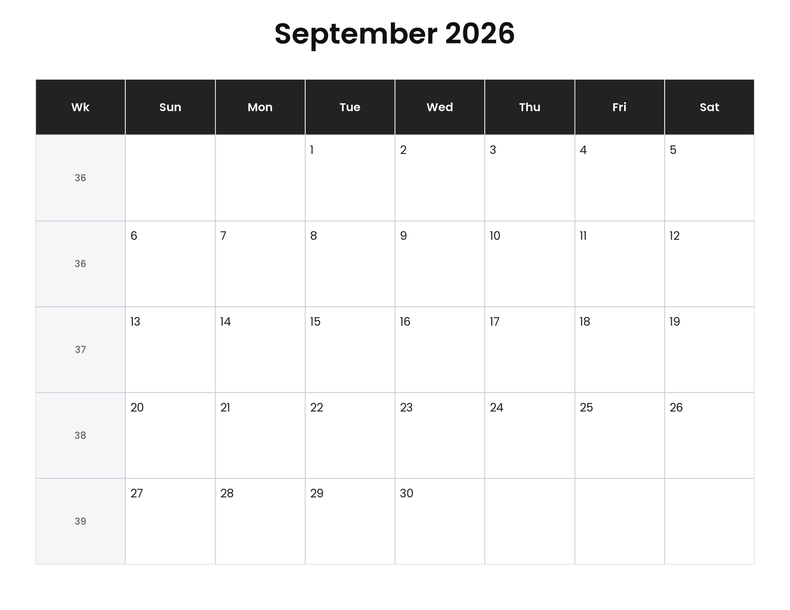 September 2026 Calendar With Week Numbers (Printable) 1 September 2026 calendar with week numbers