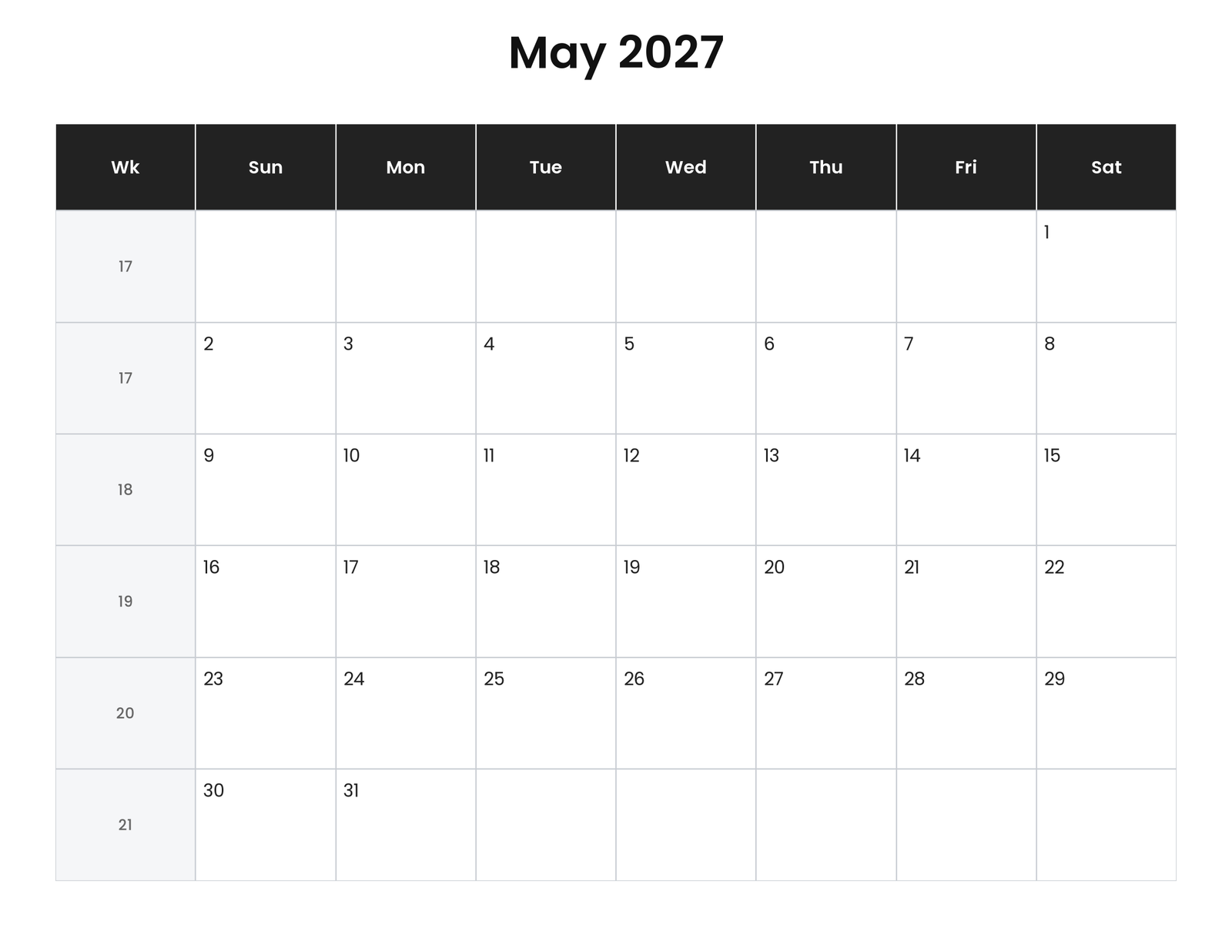 May 2027 Calendar With Week Numbers (Printable) 1 May 2027 calendar with week numbers