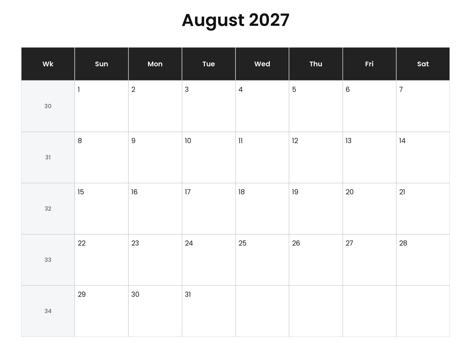 August 2027 Calendar With Week Numbers (Printable) 1 August 2027 calendar with week numbers