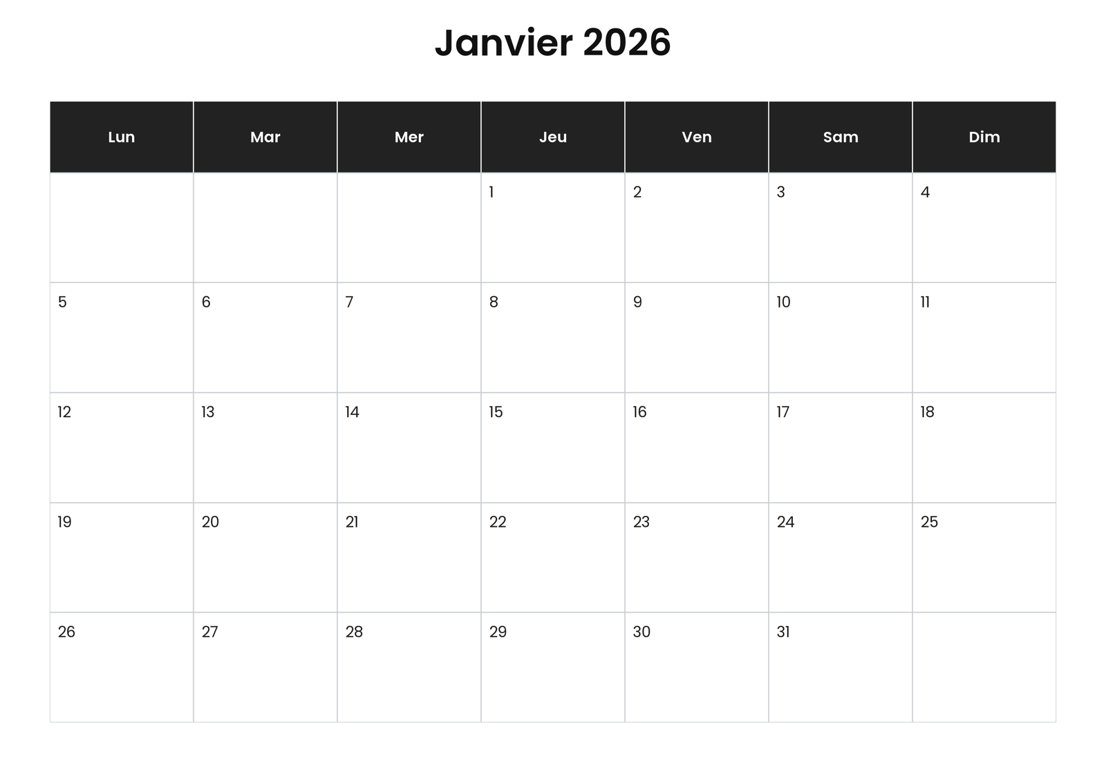 Calendrier janvier 2026
