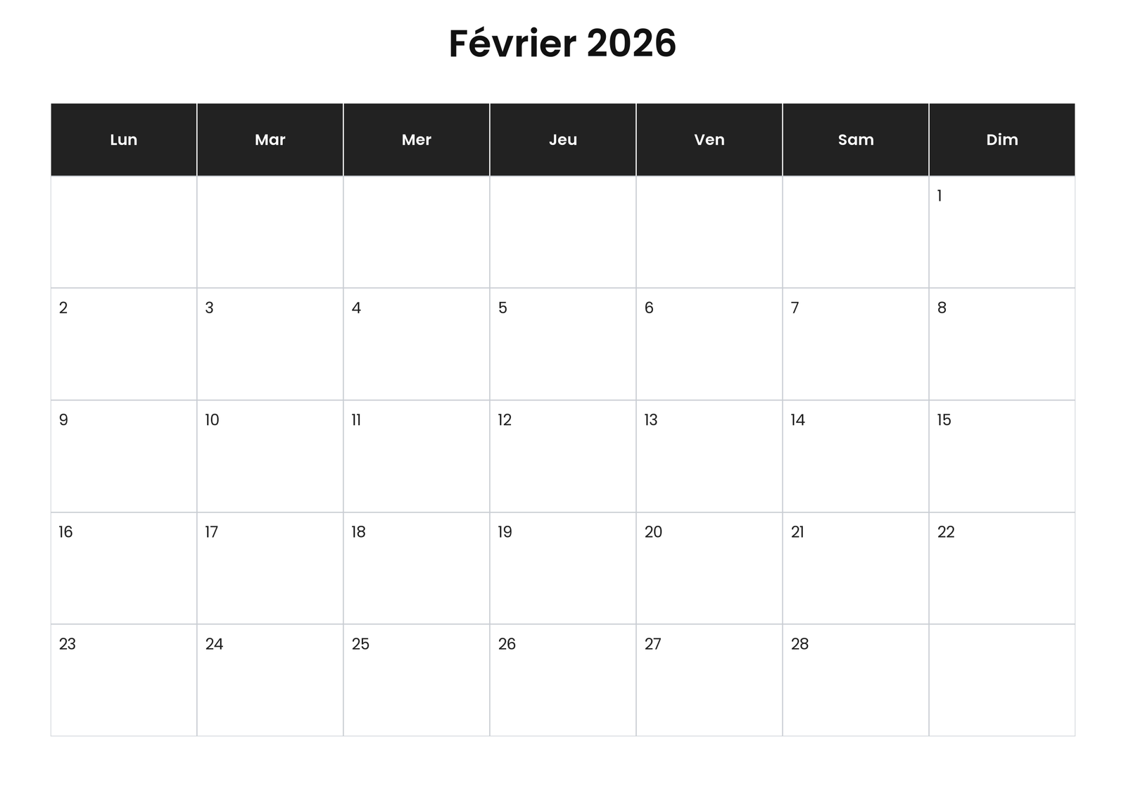 Calendrier février 2026