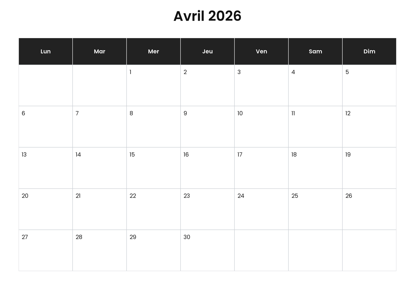 Calendrier avril 2026