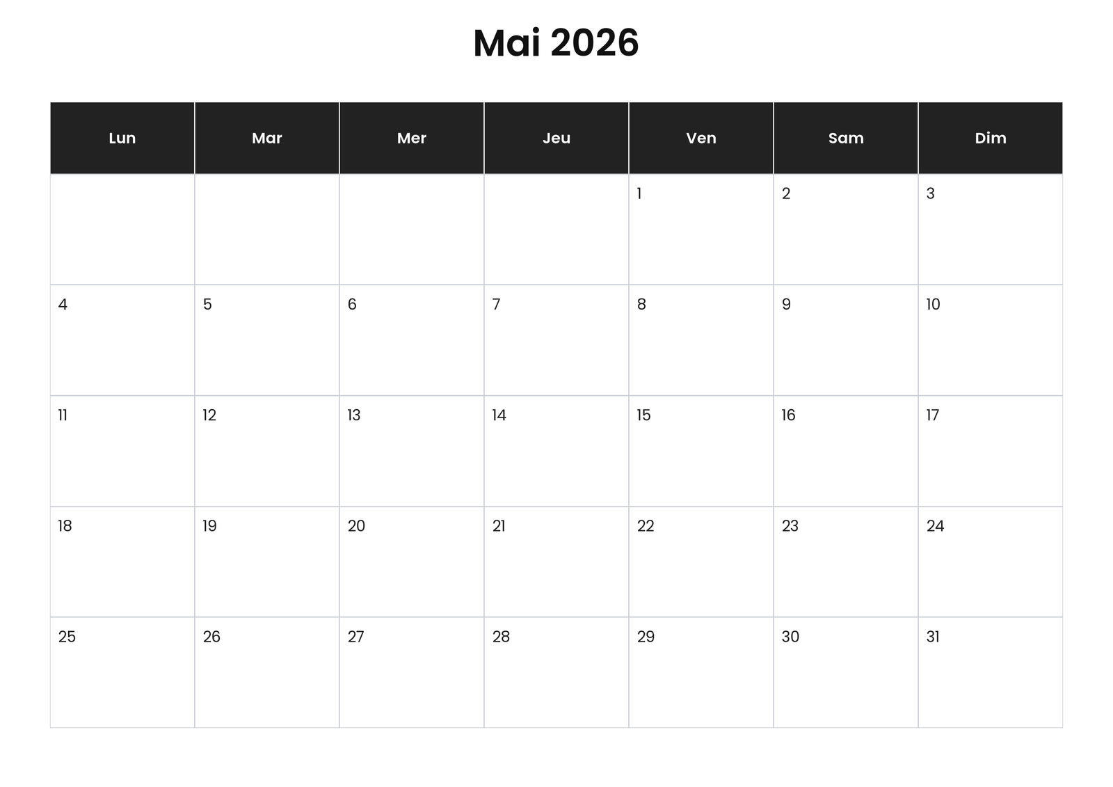 Calendrier mai 2026