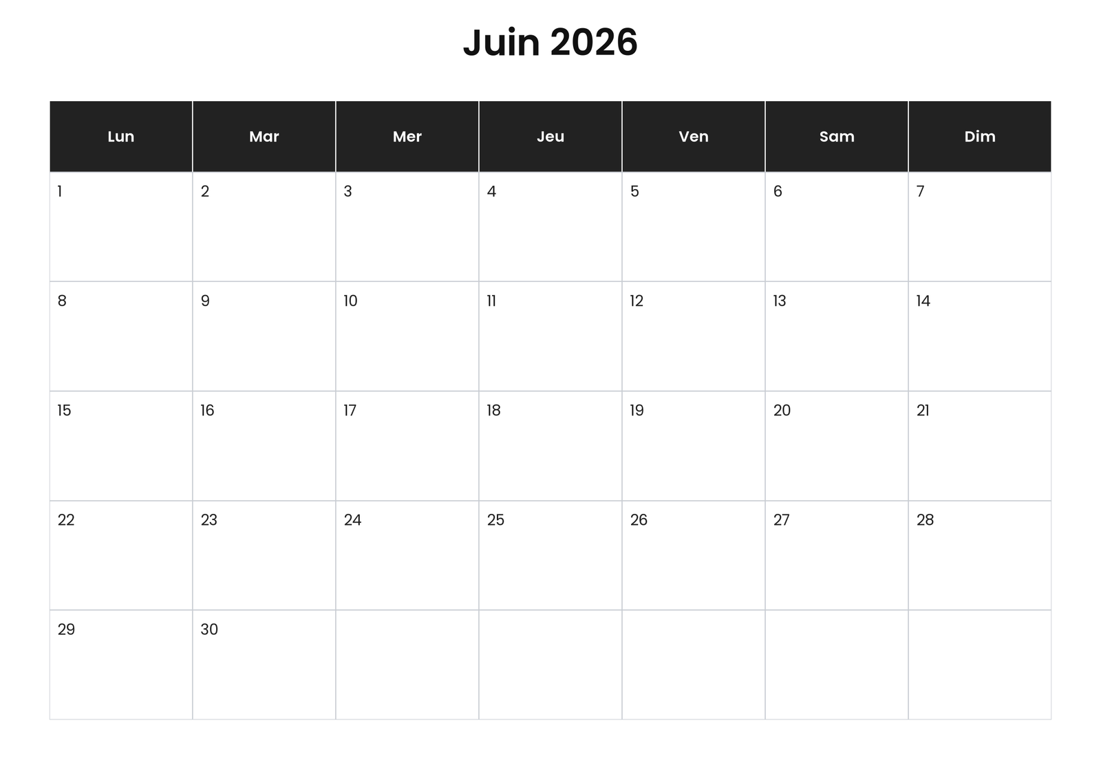 Calendrier juin 2026