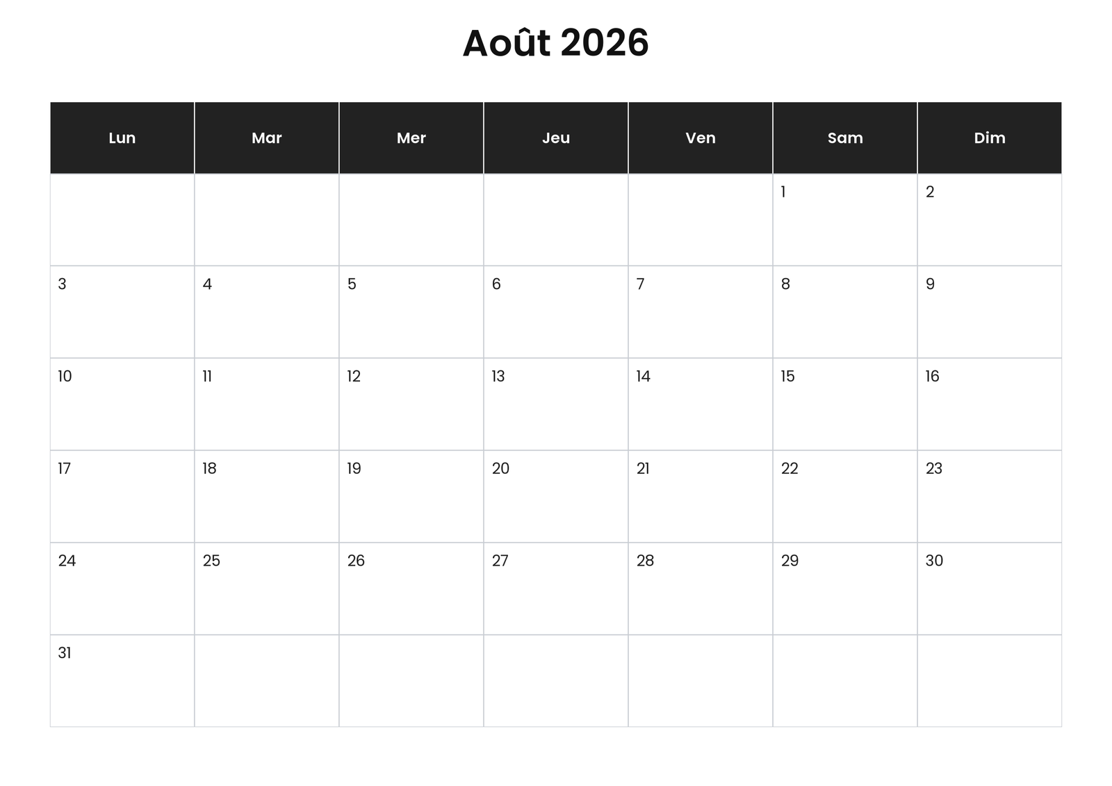Calendrier août 2026