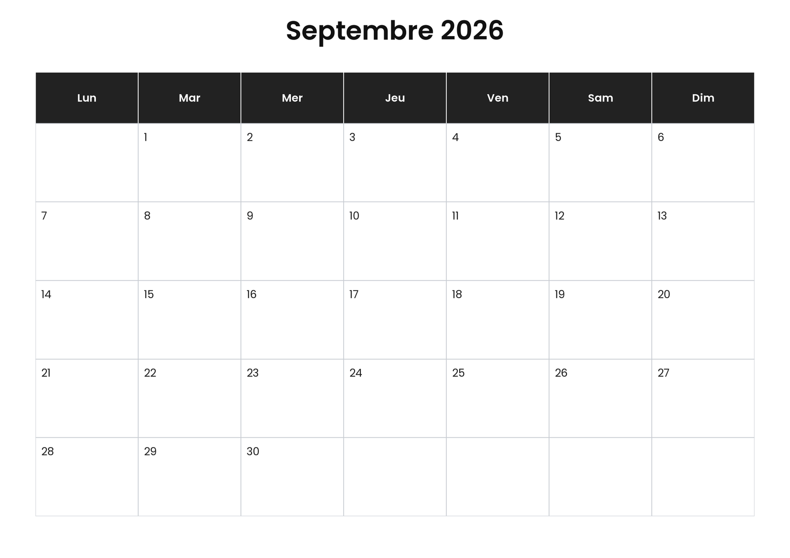 Calendriers gratuits à imprimer 1 Calendrier septembre 2026