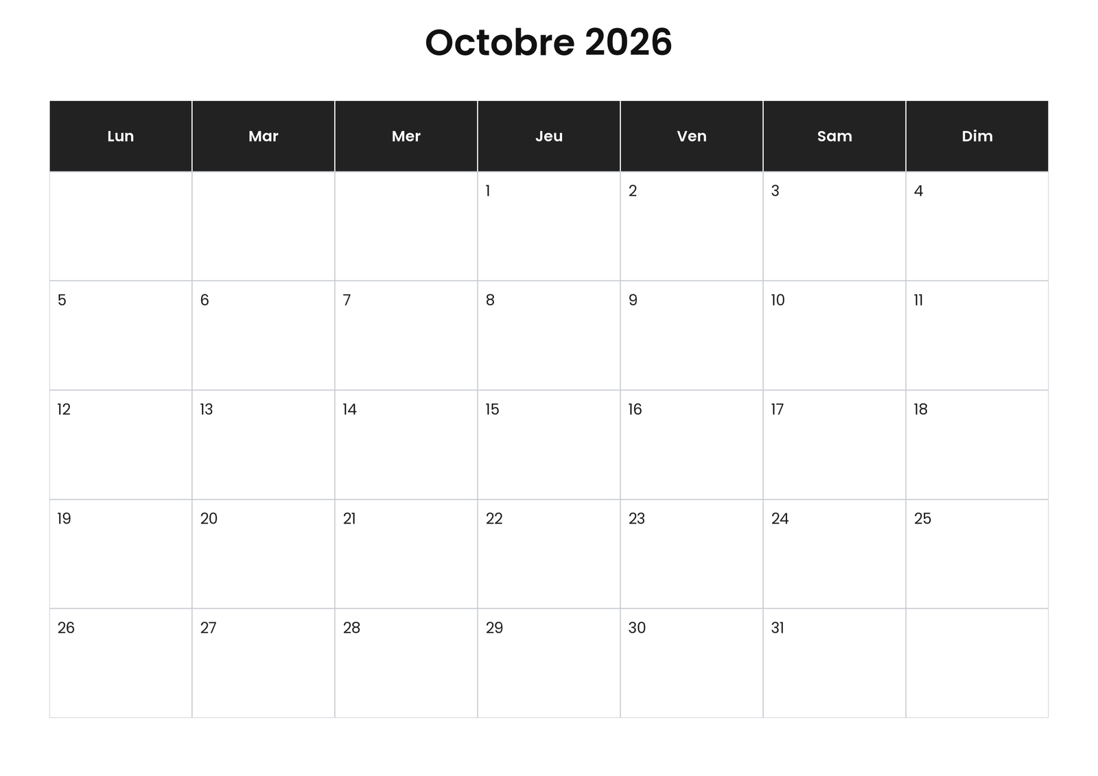 Calendriers gratuits à imprimer 2 Calendrier octobre 2026