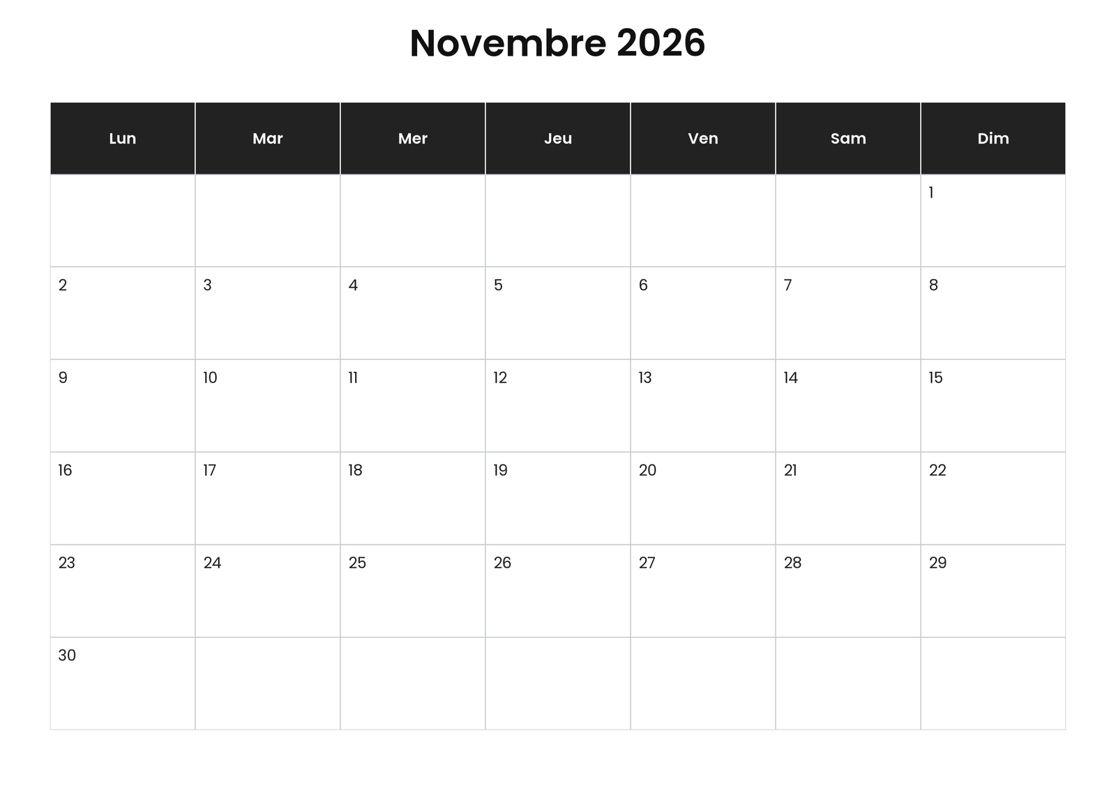 Calendriers gratuits à imprimer 3 Calendrier novembre 2026