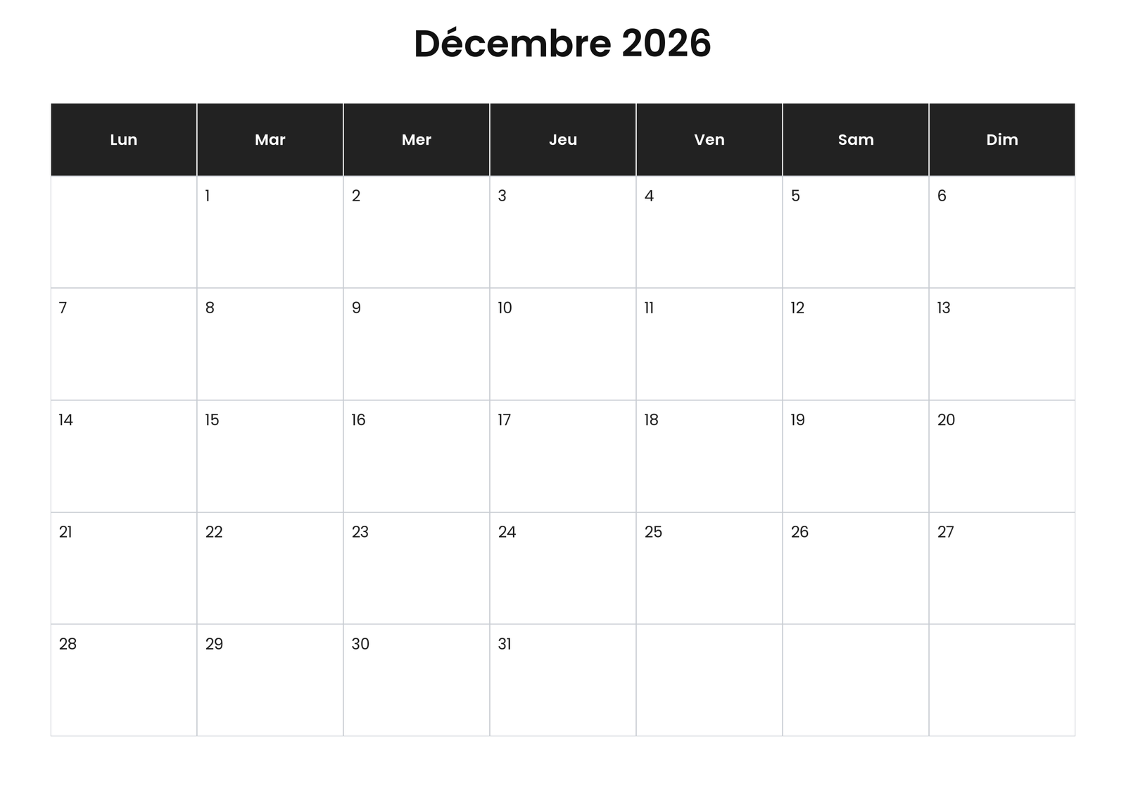Calendriers gratuits à imprimer 4 Calendrier décembre 2026