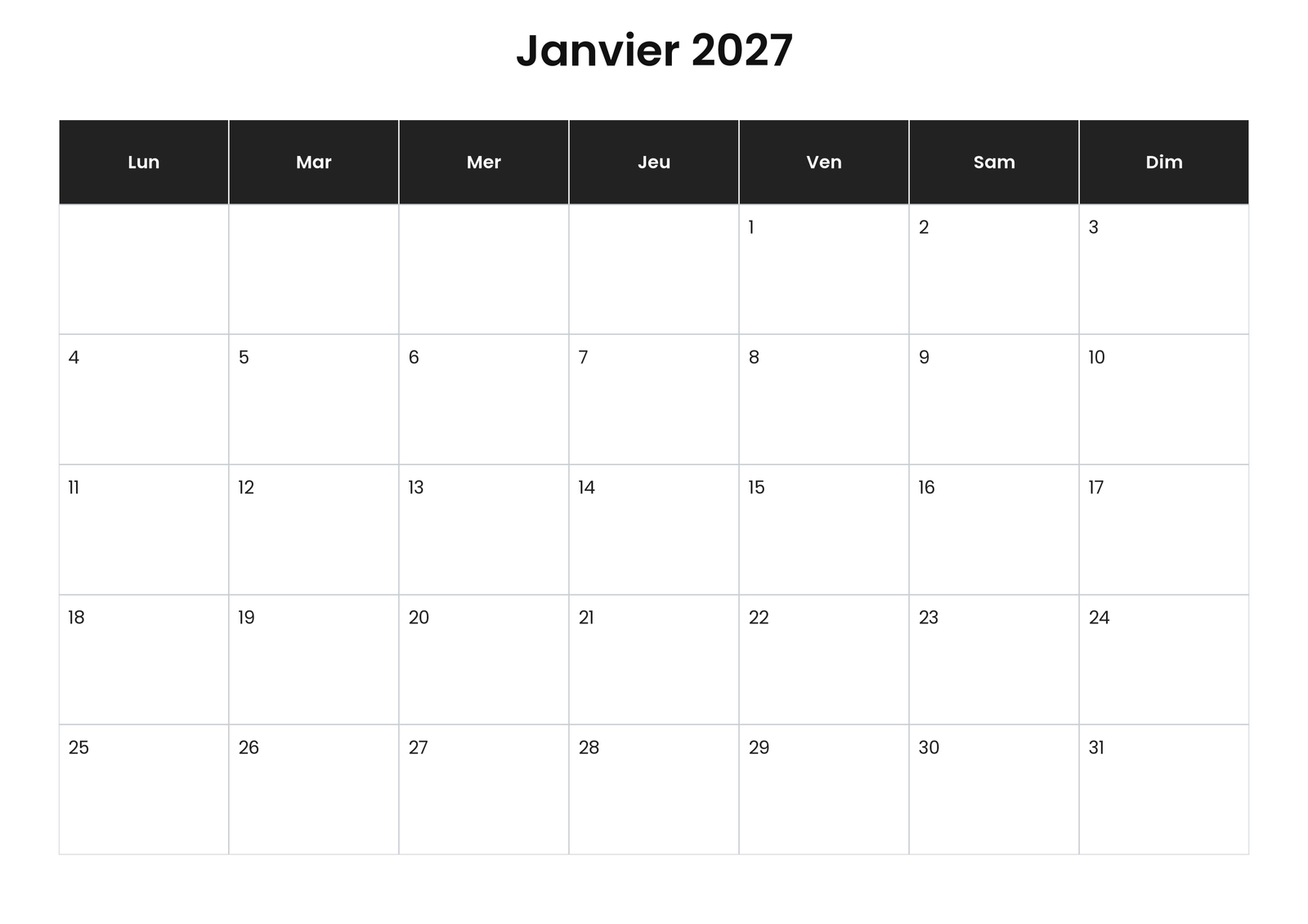 Calendriers gratuits à imprimer 5 Calendrier janvier 2027