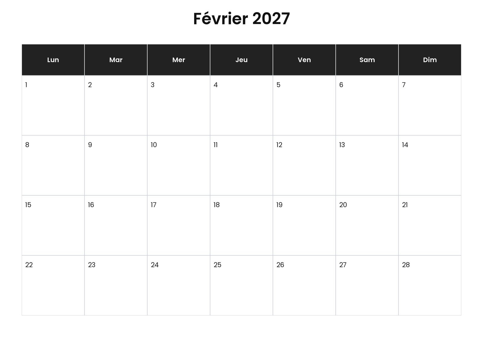 Calendriers gratuits à imprimer 6 Calendrier février 2027