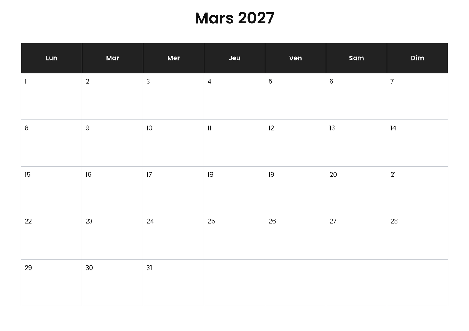 Calendriers gratuits à imprimer 7 Calendrier mars 2027