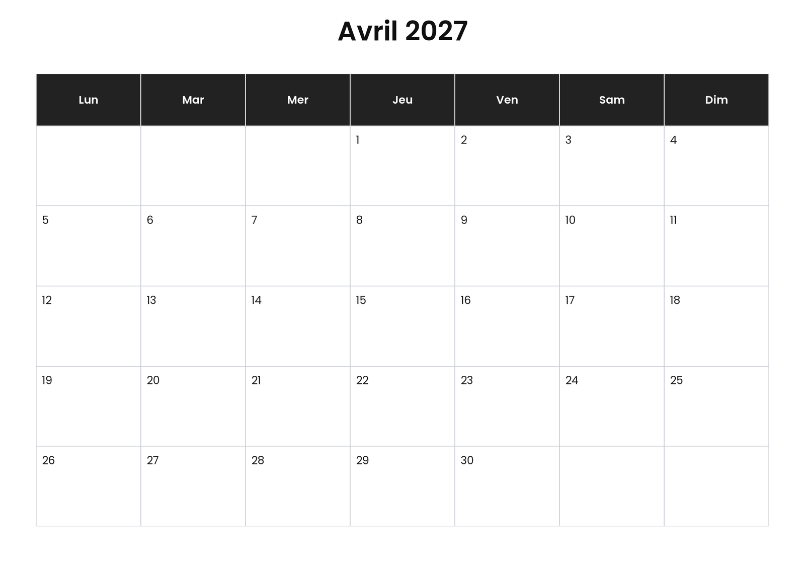 Calendrier avril 2027