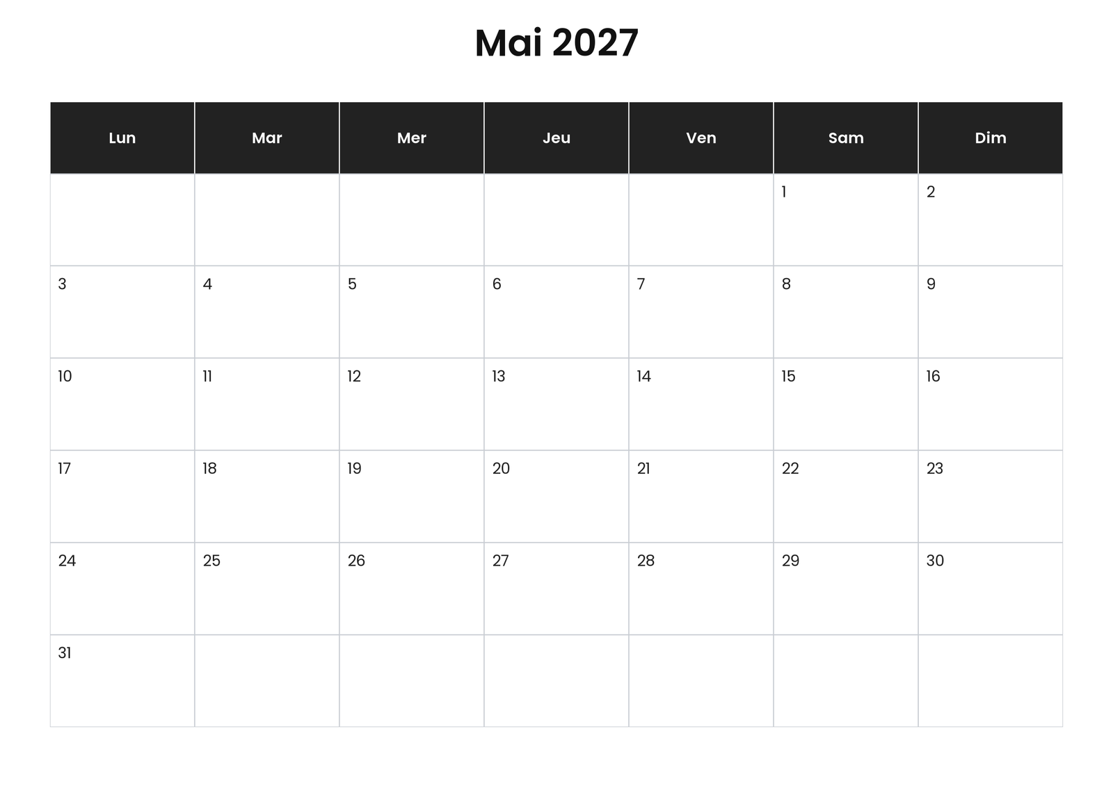 Calendrier mai 2027