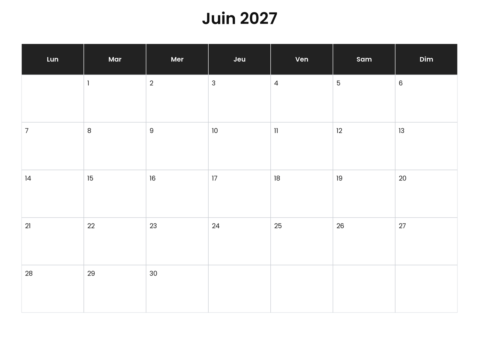 Calendrier juin 2027