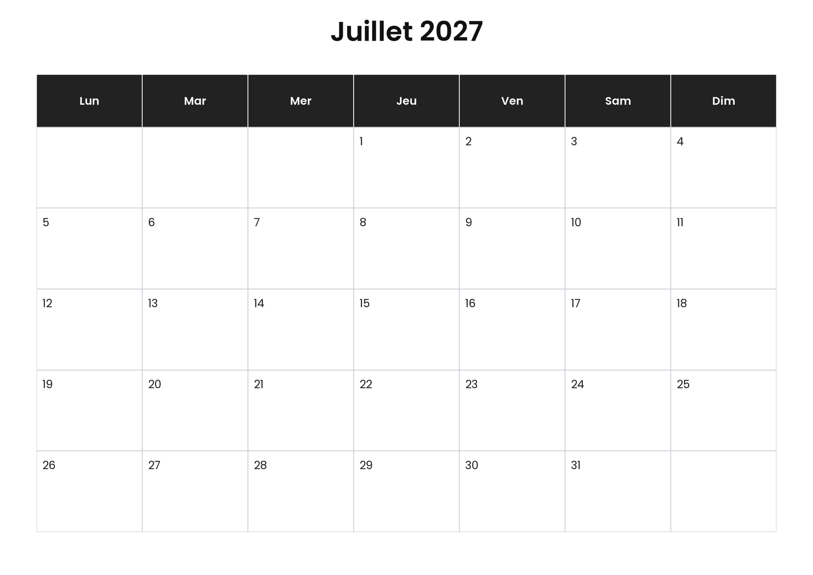 Calendrier juillet 2027